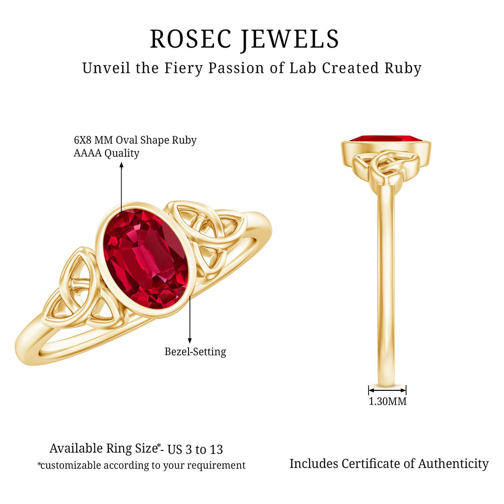 Lab Grown Ruby Ring – 1.5 Carat Oval Solitaire Bezel Setting Celtic Engagement Band