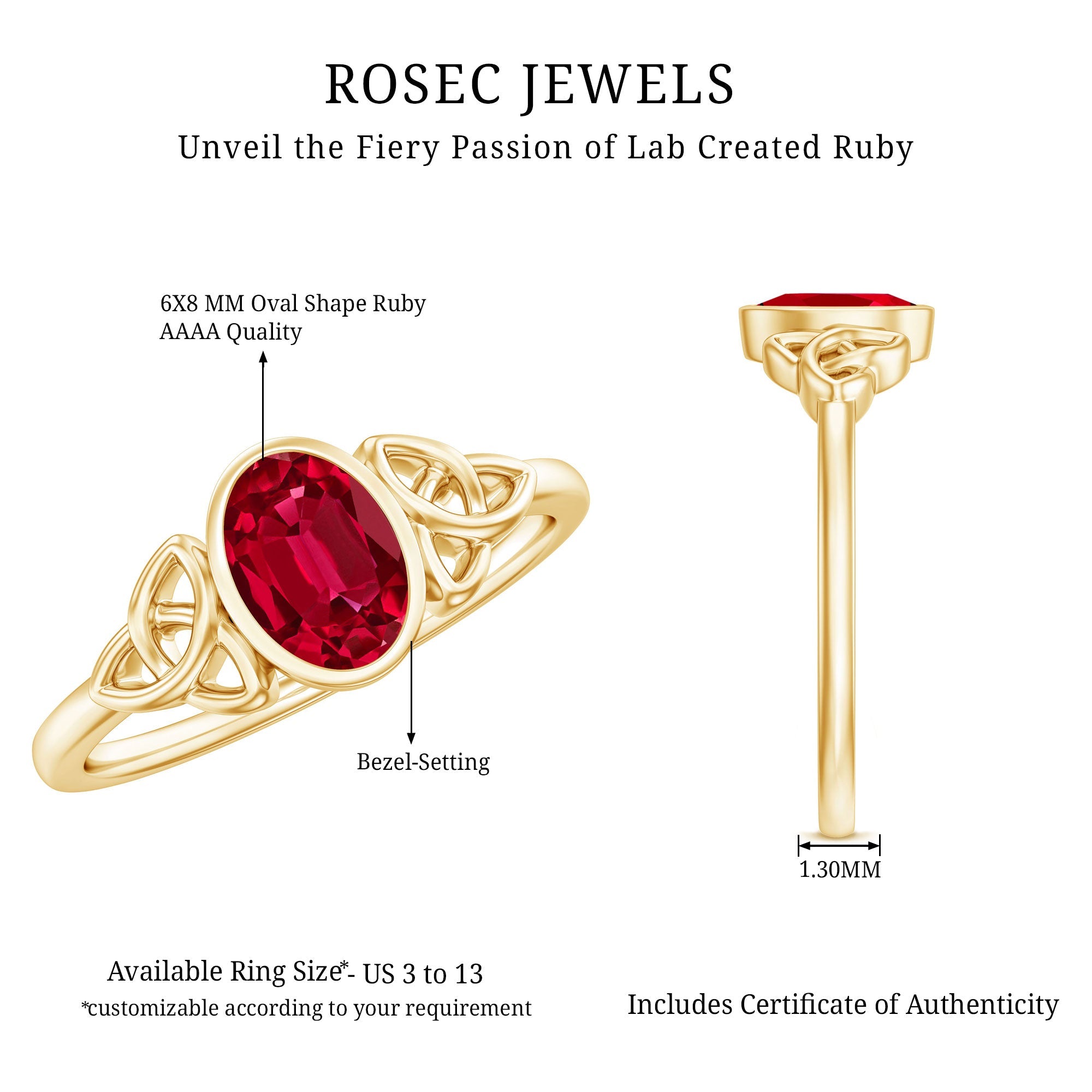 Lab Grown Ruby Ring – 1.5 Carat Oval Solitaire Bezel Setting Celtic Engagement Band