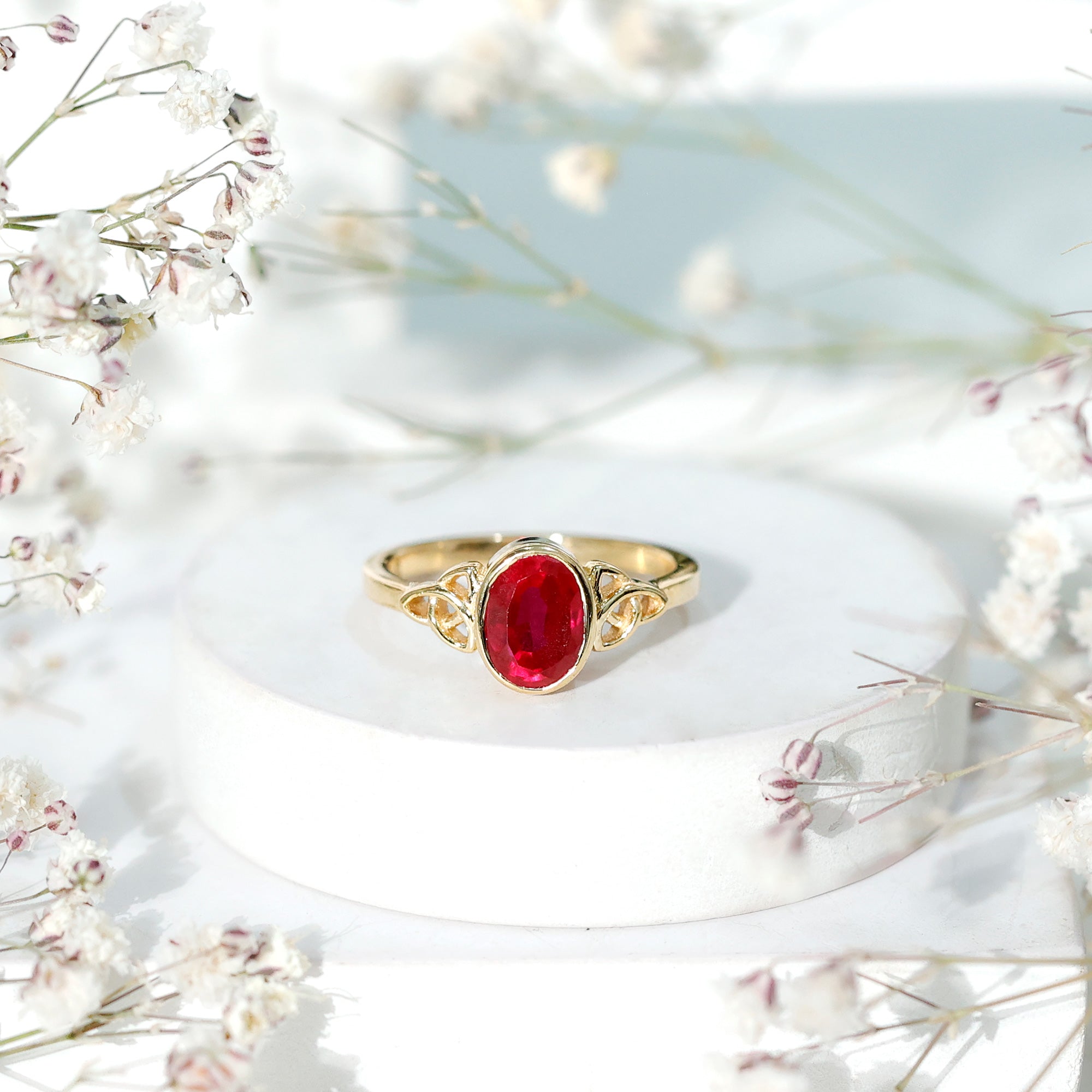 Lab Grown Ruby Ring – 1.5 Carat Oval Solitaire Bezel Setting Celtic Engagement Band