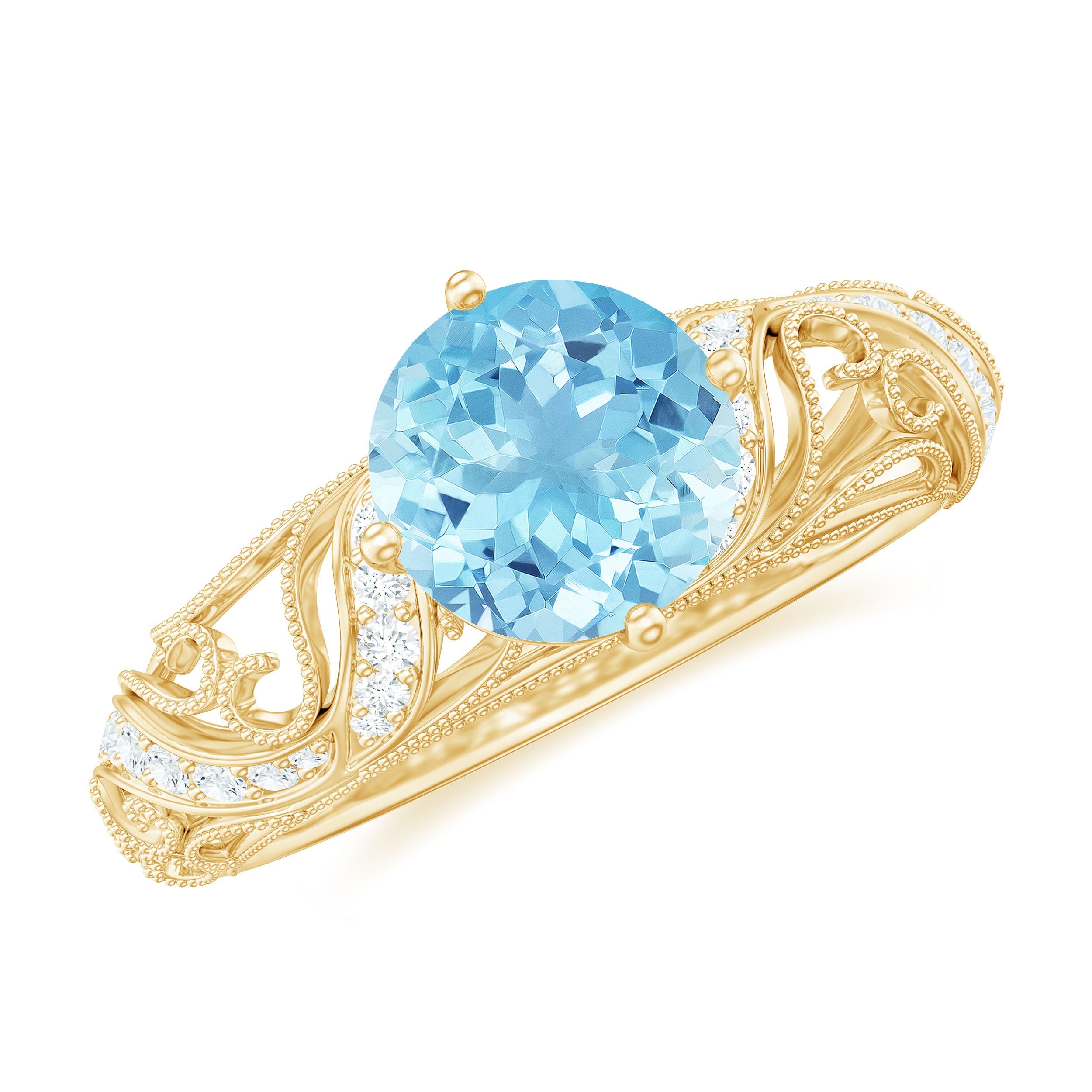 Aquamarine Engagement Ring – 6mm AAA Quality Blue Gemstone | Diamond Accents & Wave Band Design