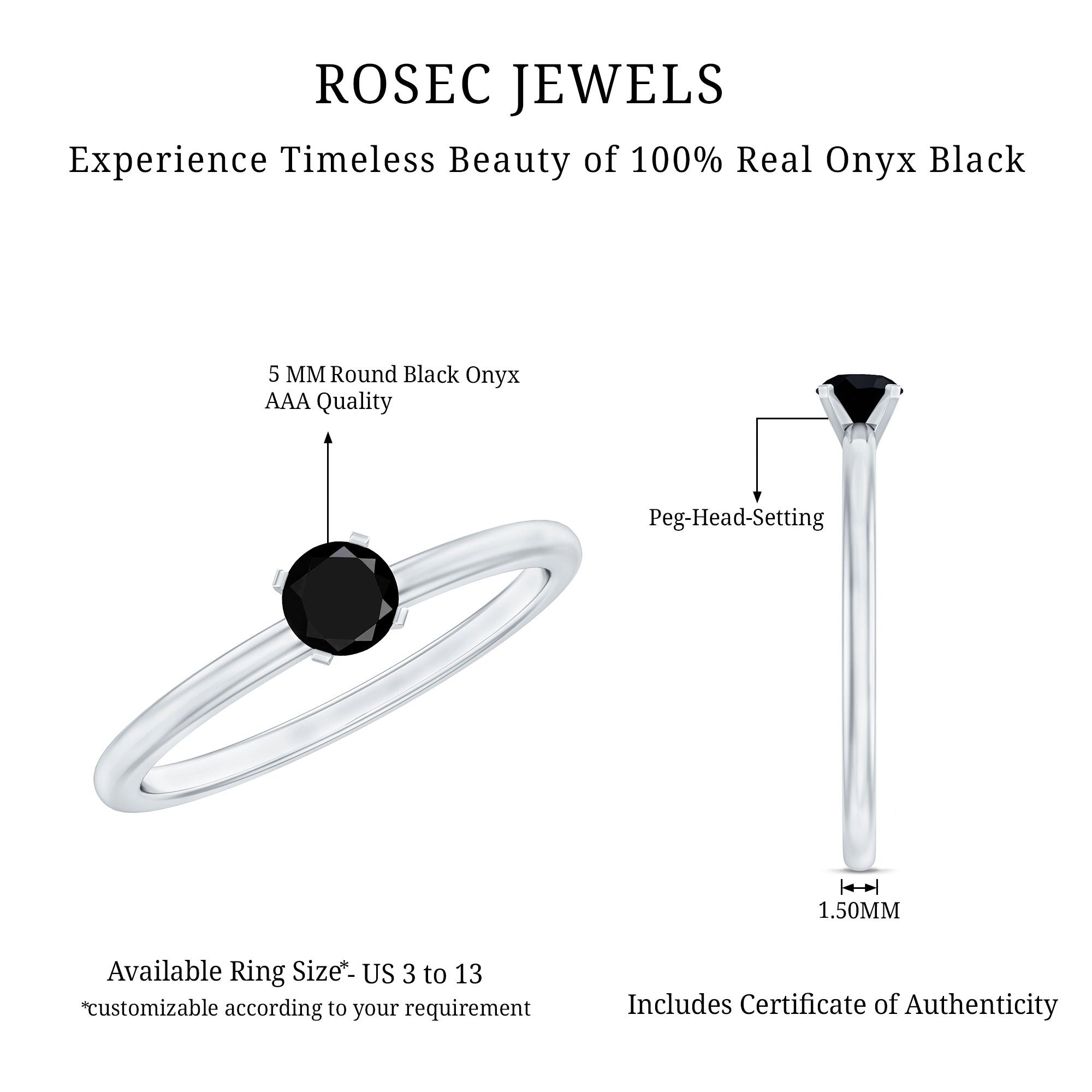 Simple Black Onyx Solitaire Promise Ring for Women