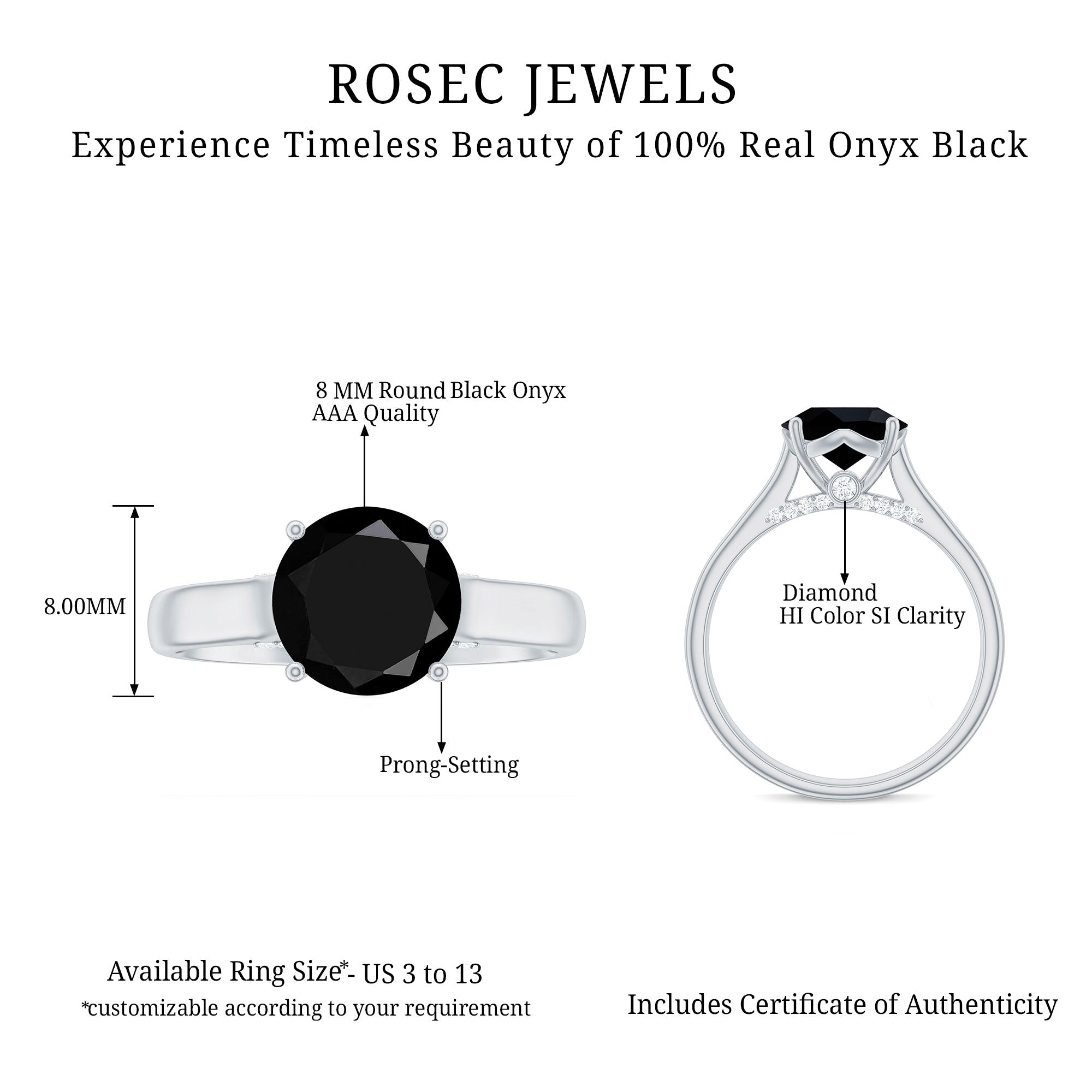 Genuine 2 Carat Black Onyx Engagement Ring with Surprise Diamond