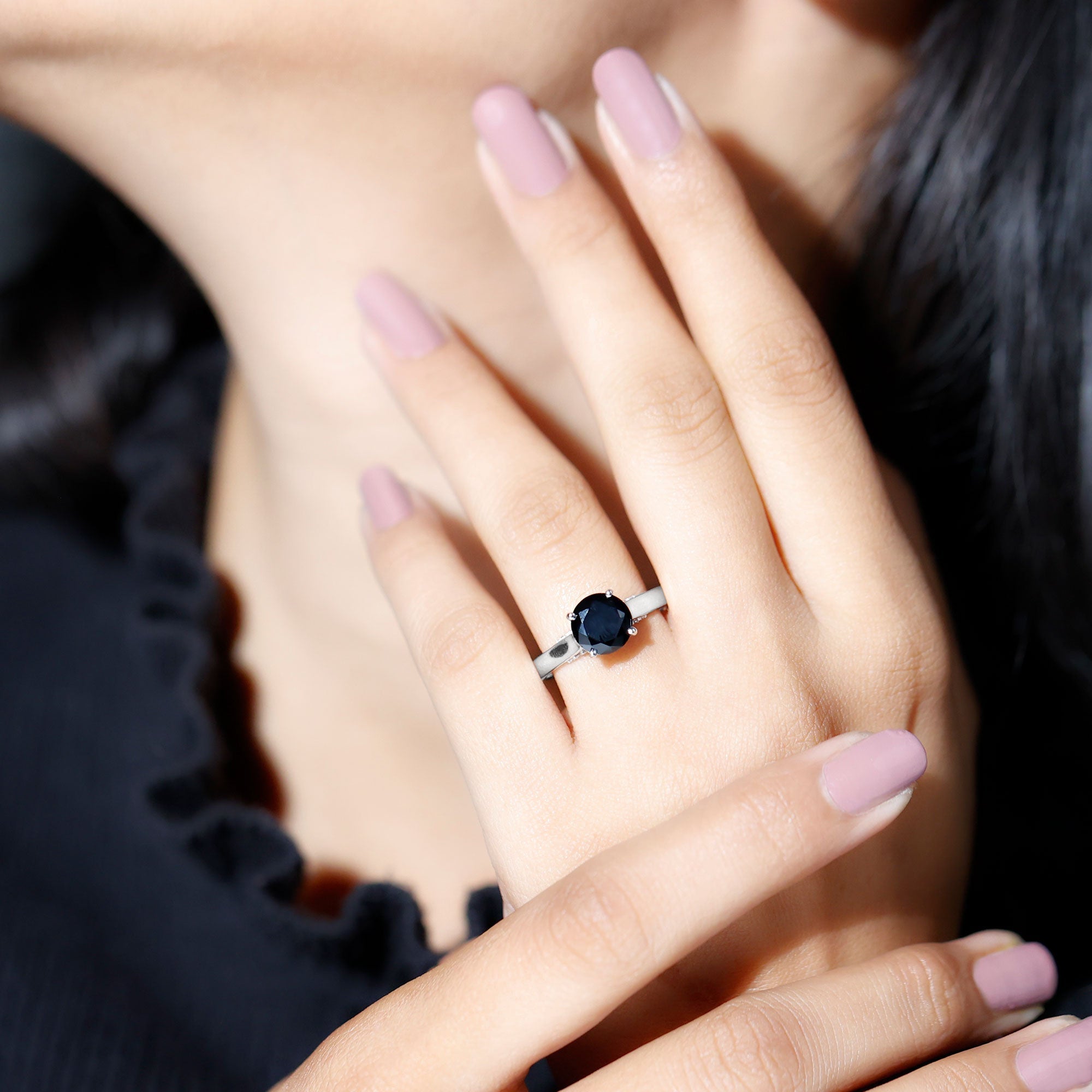 Genuine 2 Carat Black Onyx Engagement Ring with Surprise Diamond