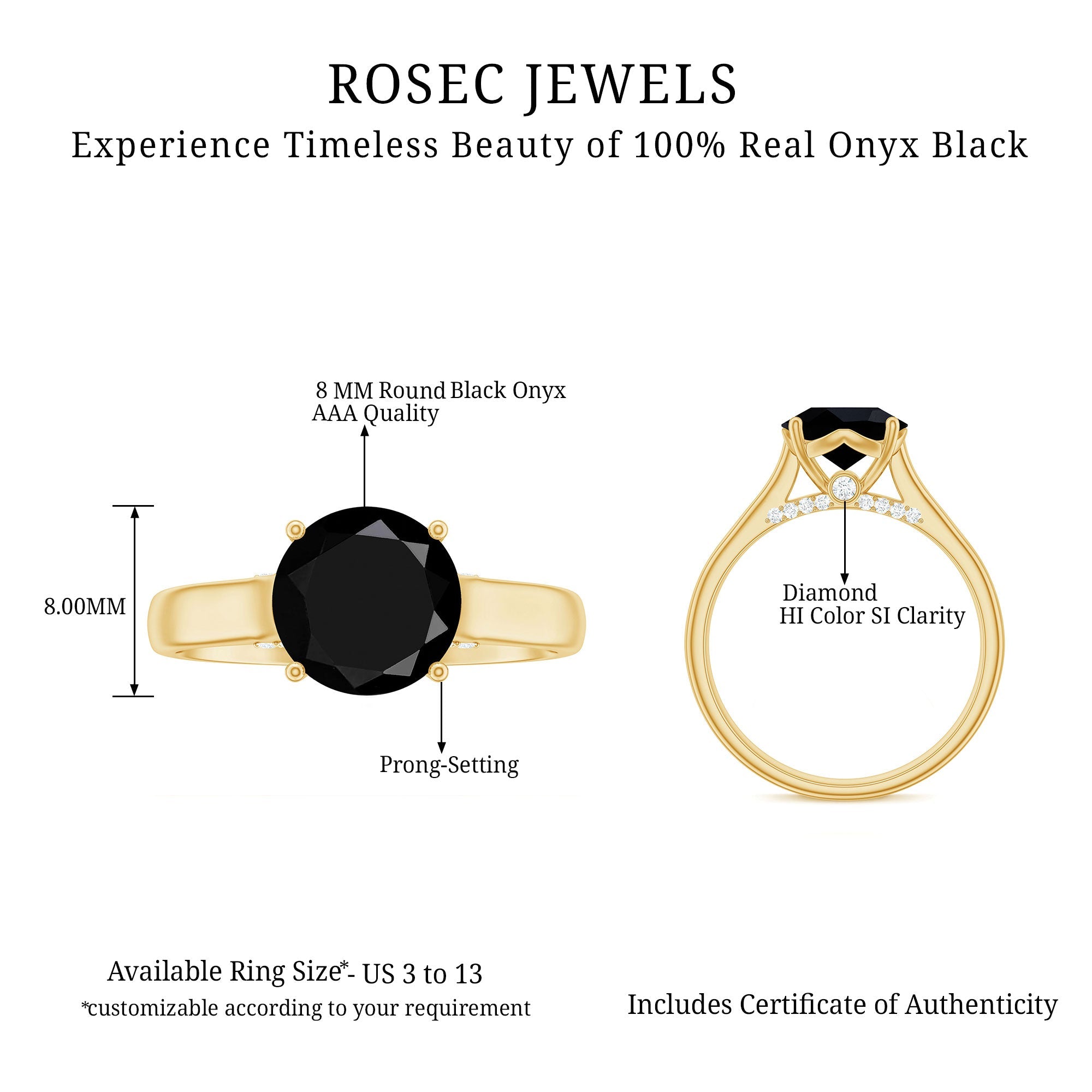 Genuine 2 Carat Black Onyx Engagement Ring with Surprise Diamond
