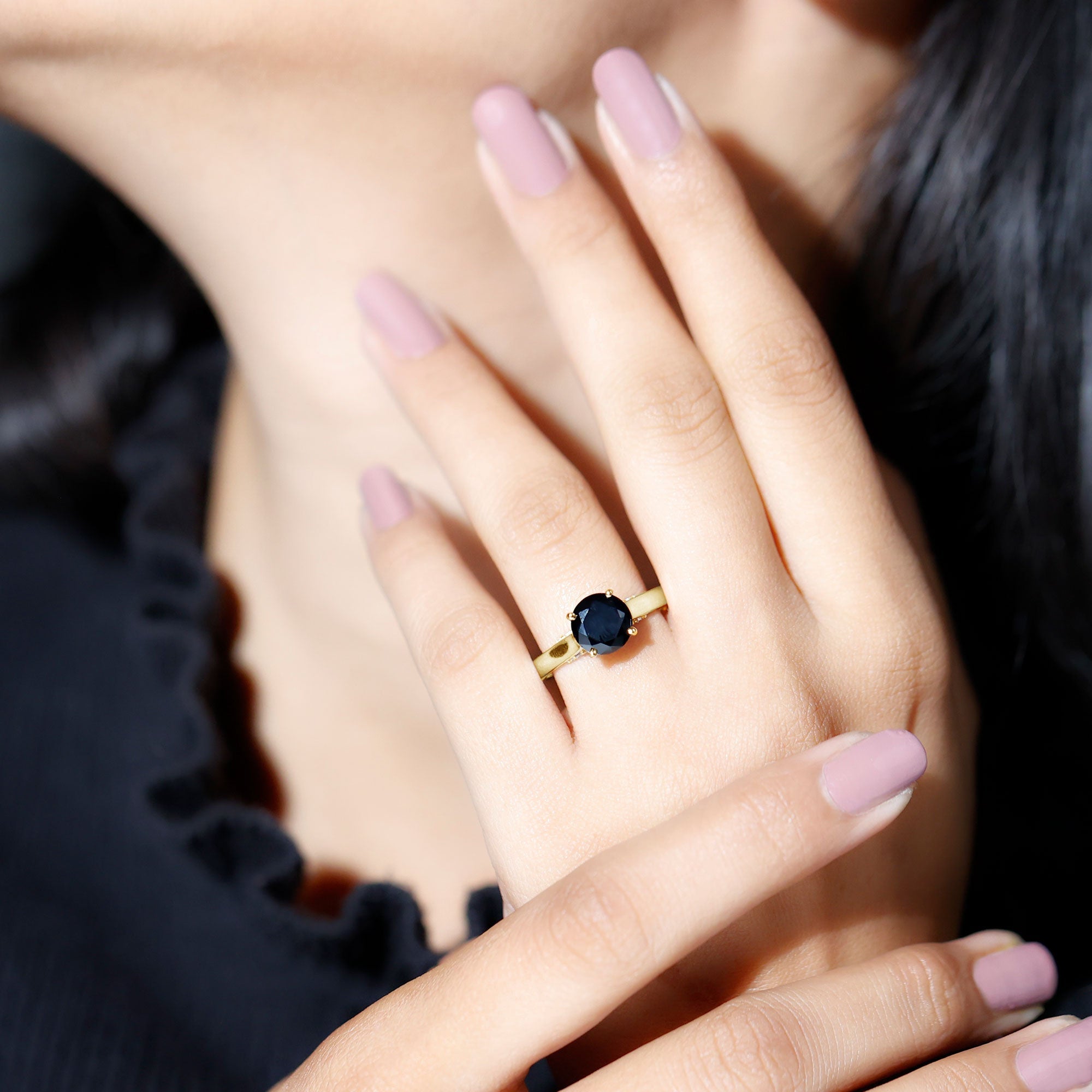 Genuine 2 Carat Black Onyx Engagement Ring with Surprise Diamond