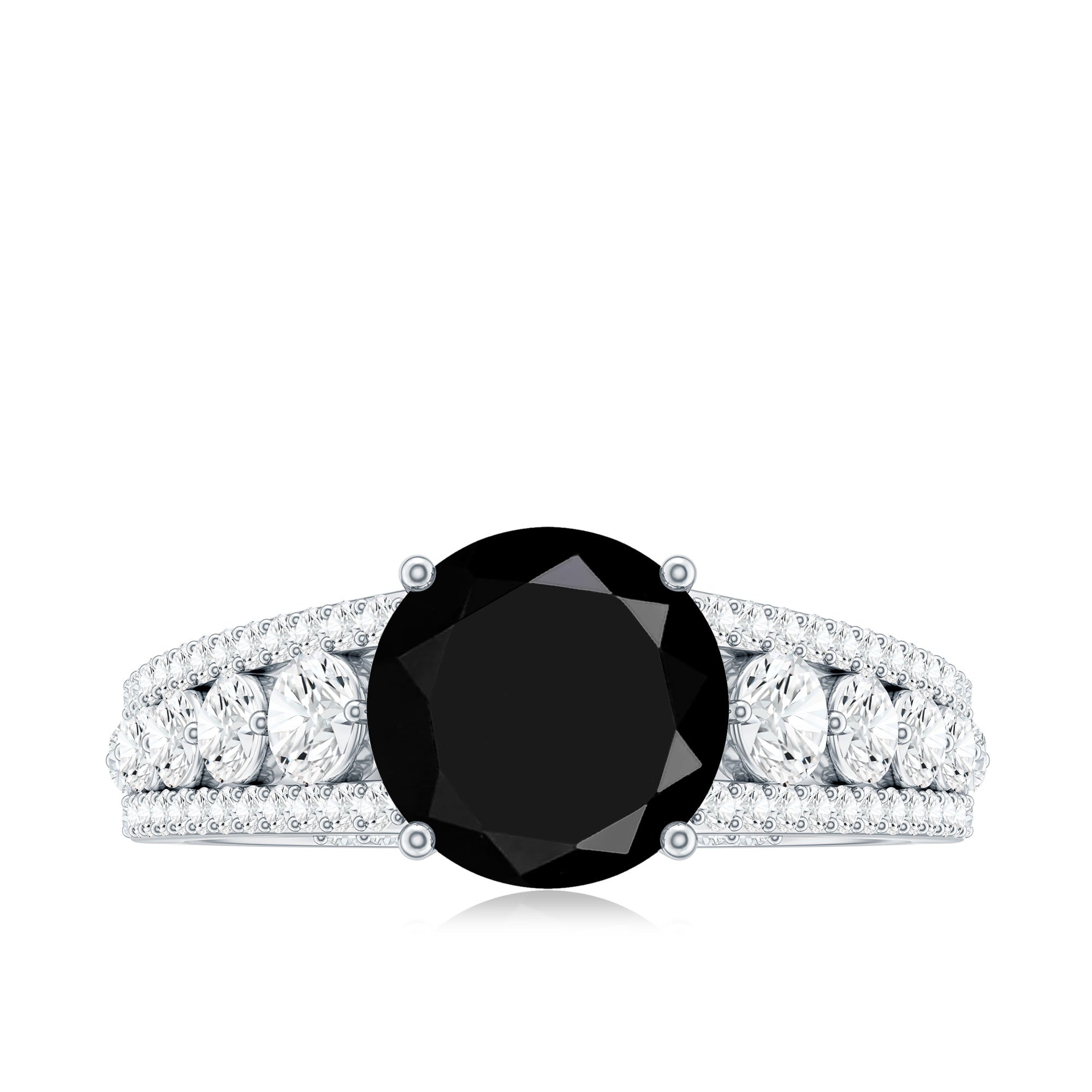 2 Carat Round Black Onyx Statement Engagement Ring with Moissanite Side Stones