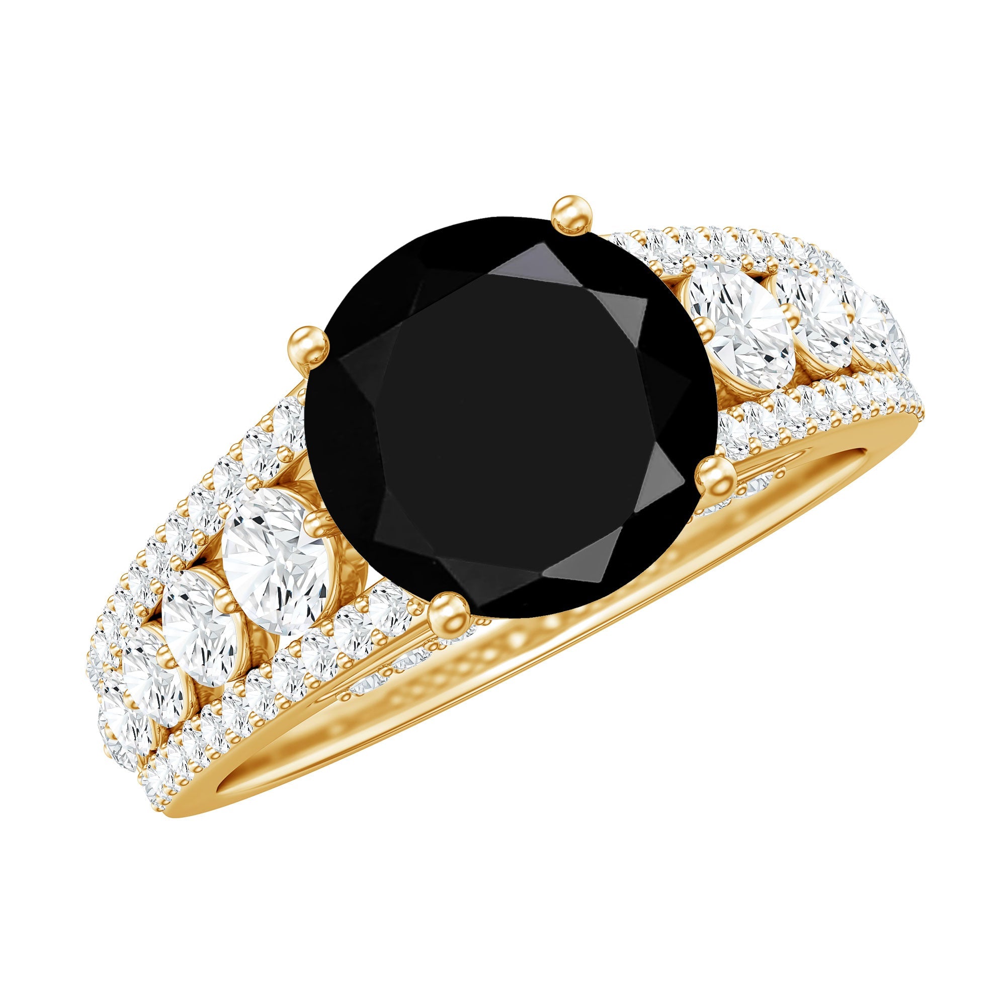 2 Carat Round Black Onyx Statement Engagement Ring with Moissanite Side Stones