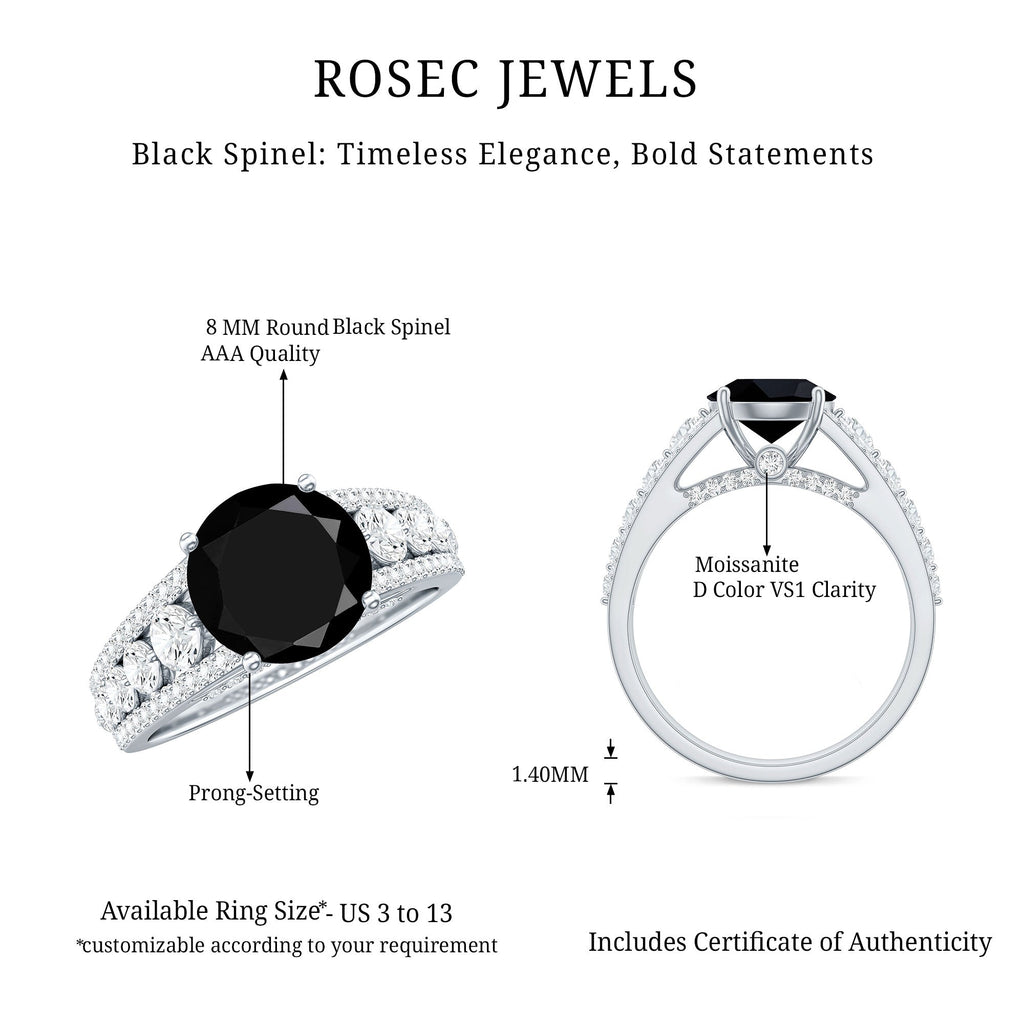 Real 2.6 Carat Black Spinel Engagement Ring with Moissanite Side Stones