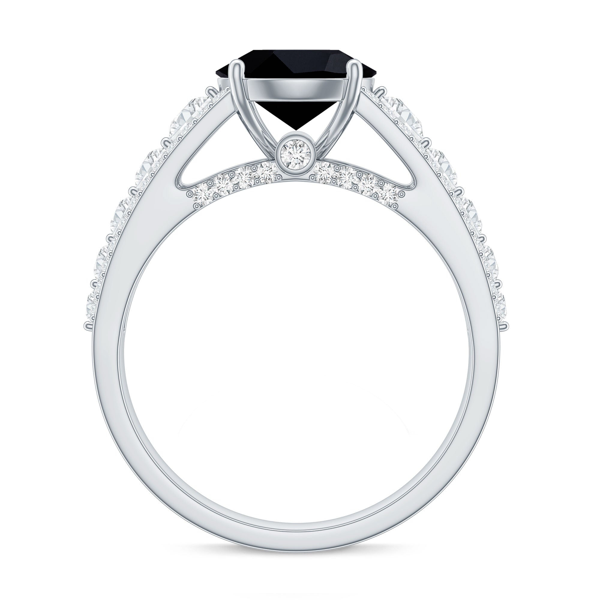 Real 2.6 Carat Black Spinel Engagement Ring with Moissanite Side Stones