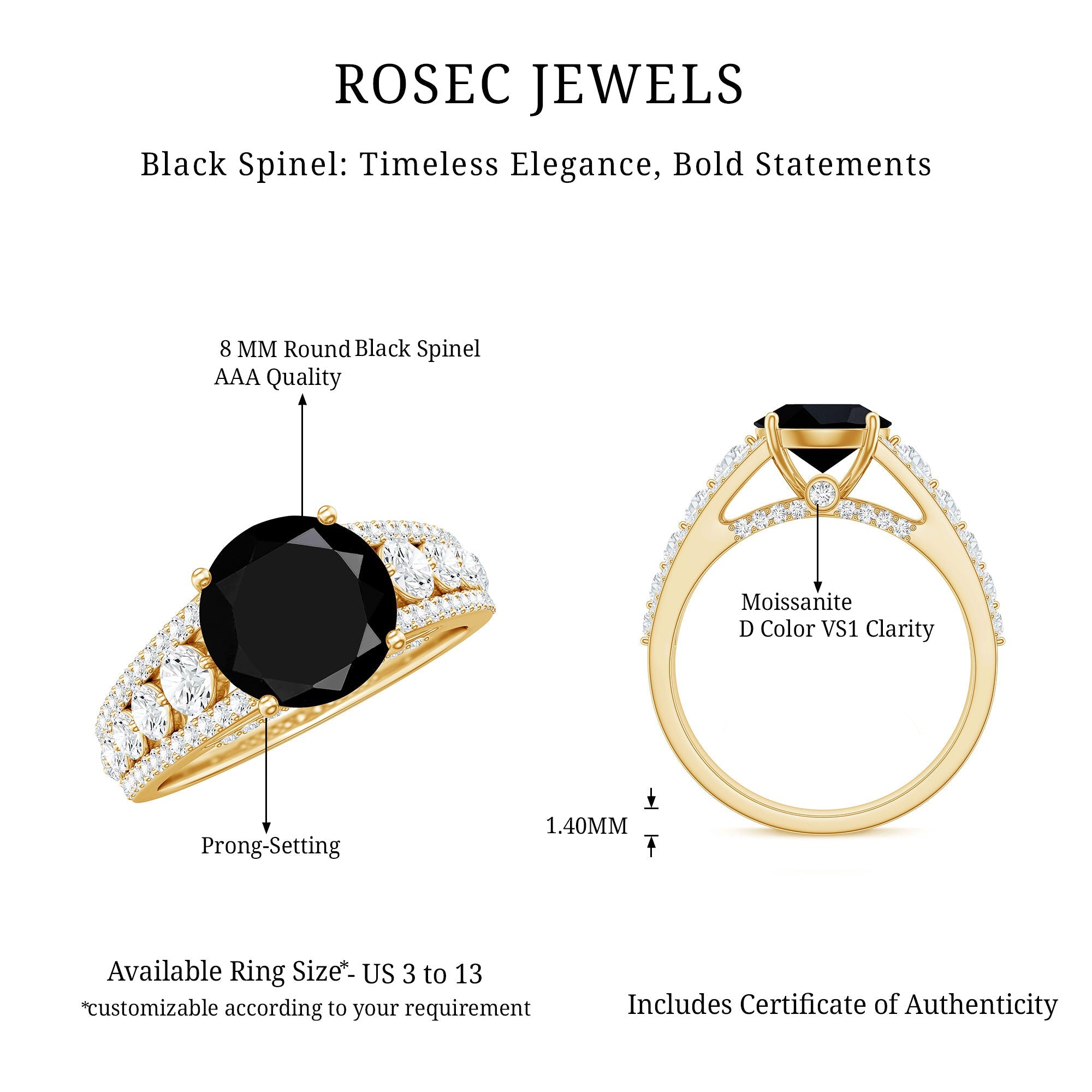 Real 2.6 Carat Black Spinel Engagement Ring with Moissanite Side Stones