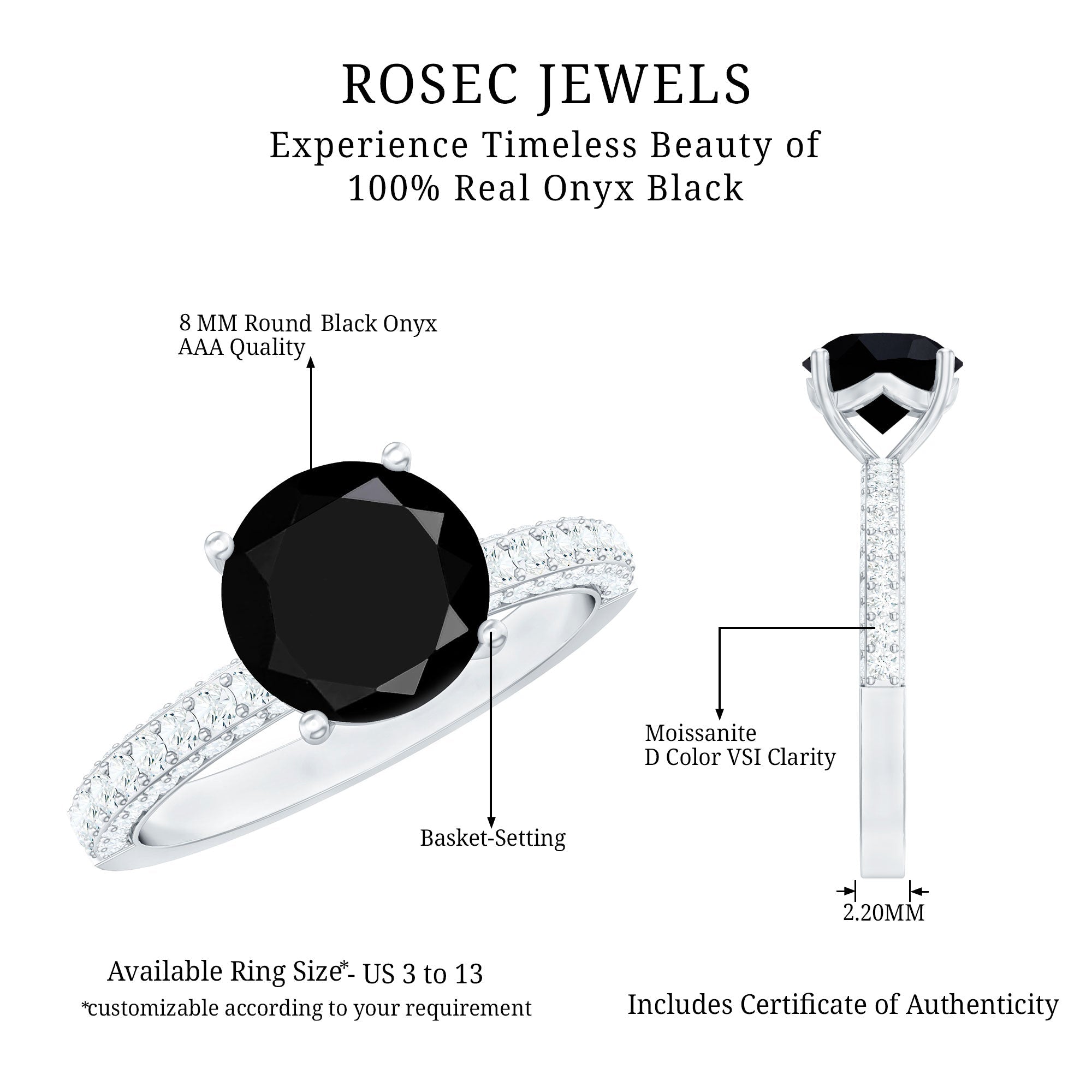 2 Carat Solitaire Black Onyx Engagement Ring with Moissanite