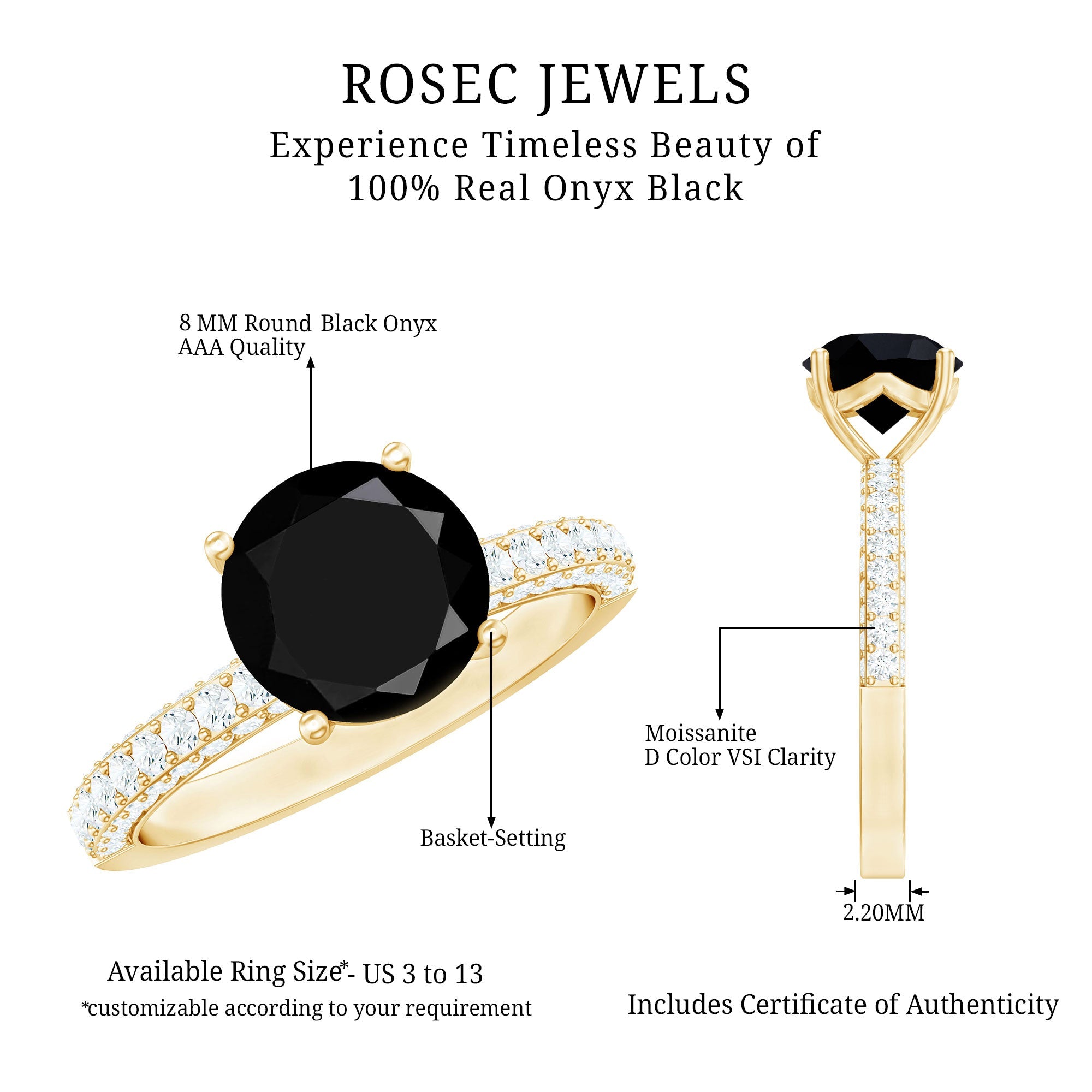 2 Carat Solitaire Black Onyx Engagement Ring with Moissanite