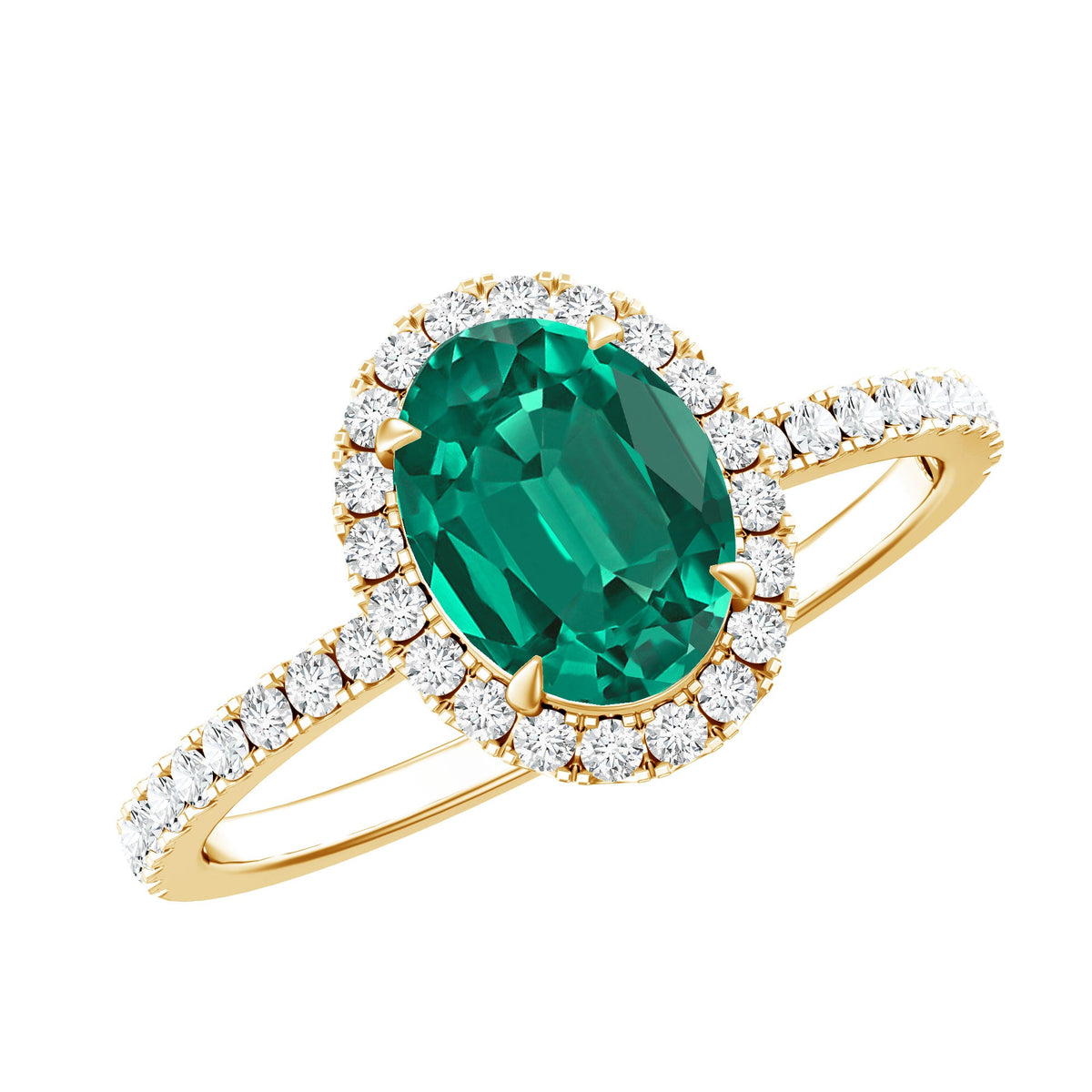 Oval Cut Emerald Ring - Lab Created Emerald Halo Engagement Ring with Diamond Halo