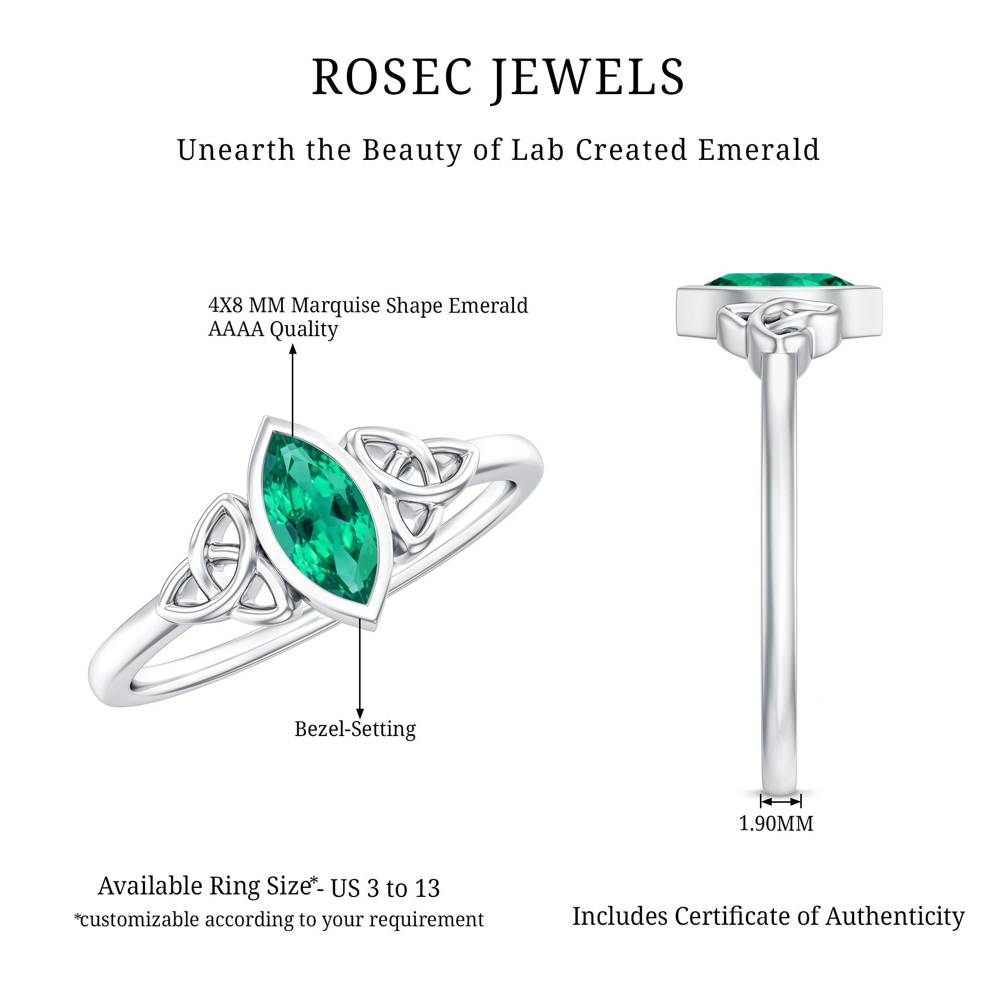 Lab Grown Emerald Ring – Marquise Bezel Setting Celtic Knot Promise Ring