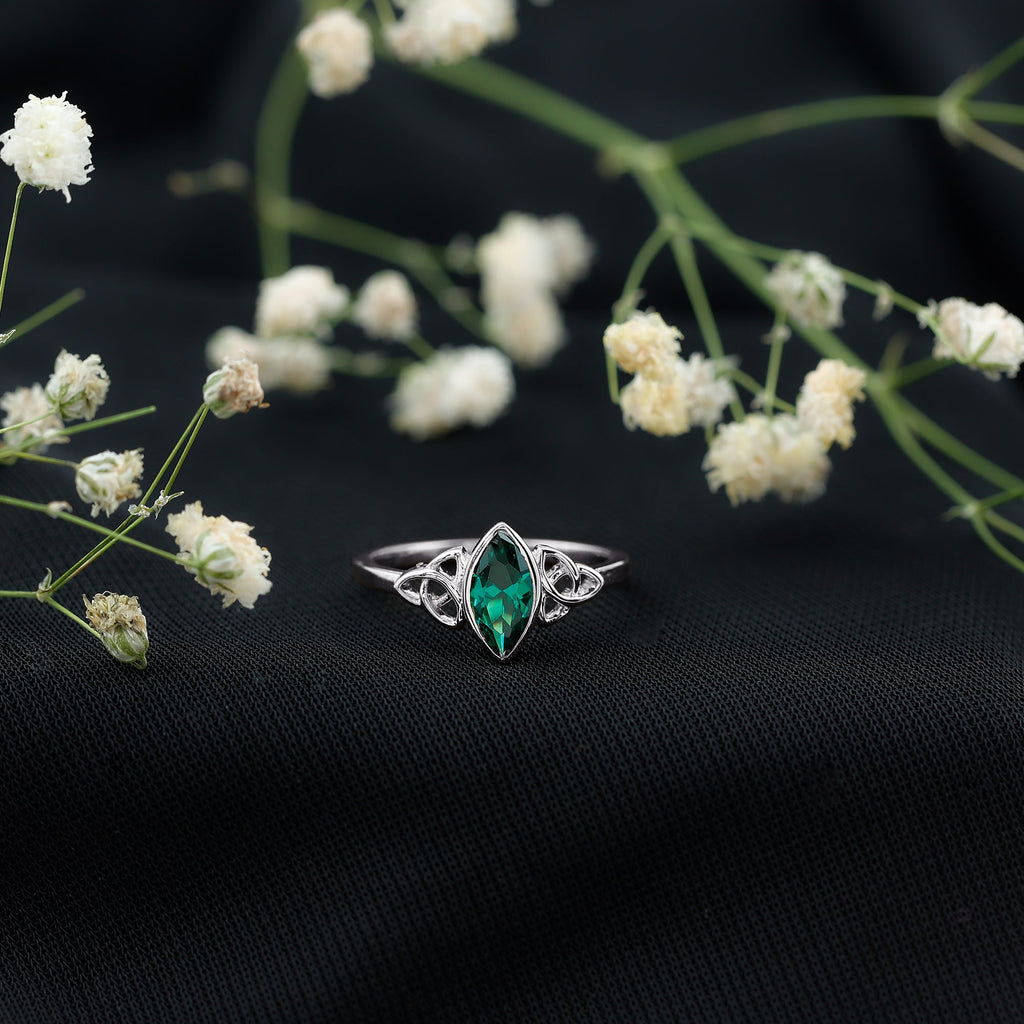 Lab Grown Emerald Ring – Marquise Bezel Setting Celtic Knot Promise Ring