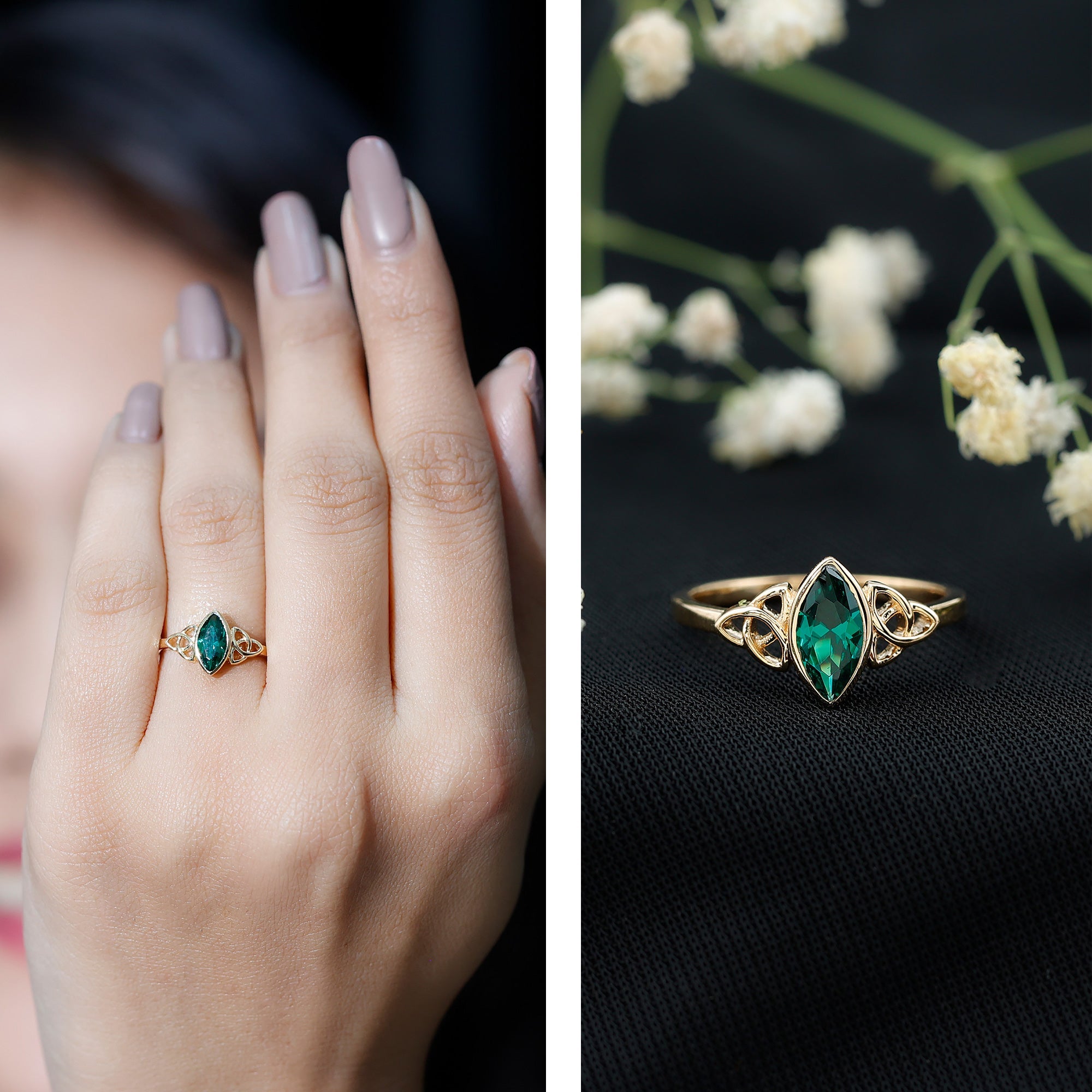 Lab Grown Emerald Ring – Marquise Bezel Setting Celtic Knot Promise Ring