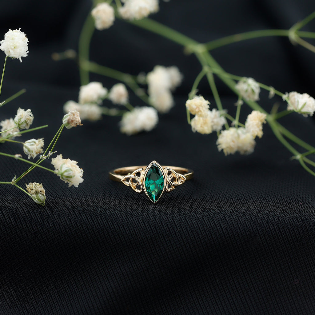 Lab Grown Emerald Ring – Marquise Bezel Setting Celtic Knot Promise Ring