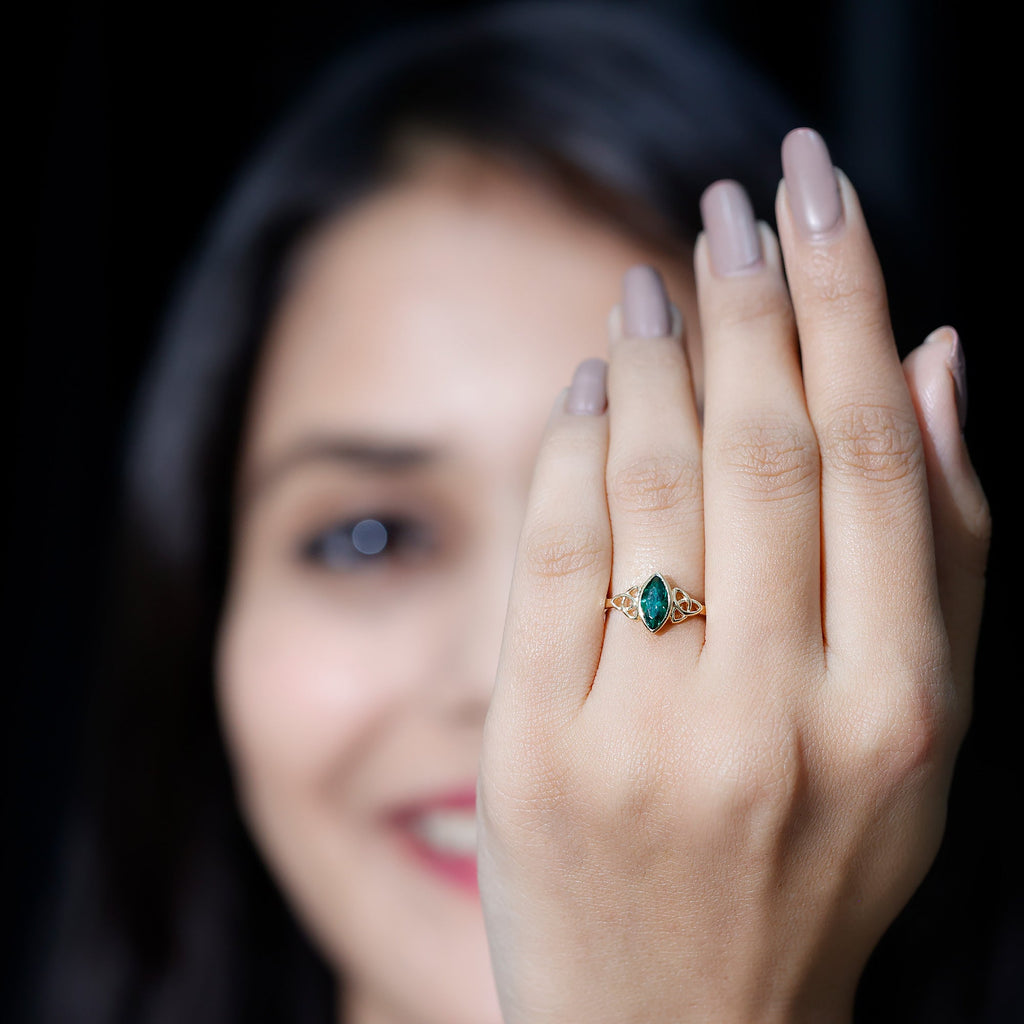 Lab Grown Emerald Ring – Marquise Bezel Setting Celtic Knot Promise Ring