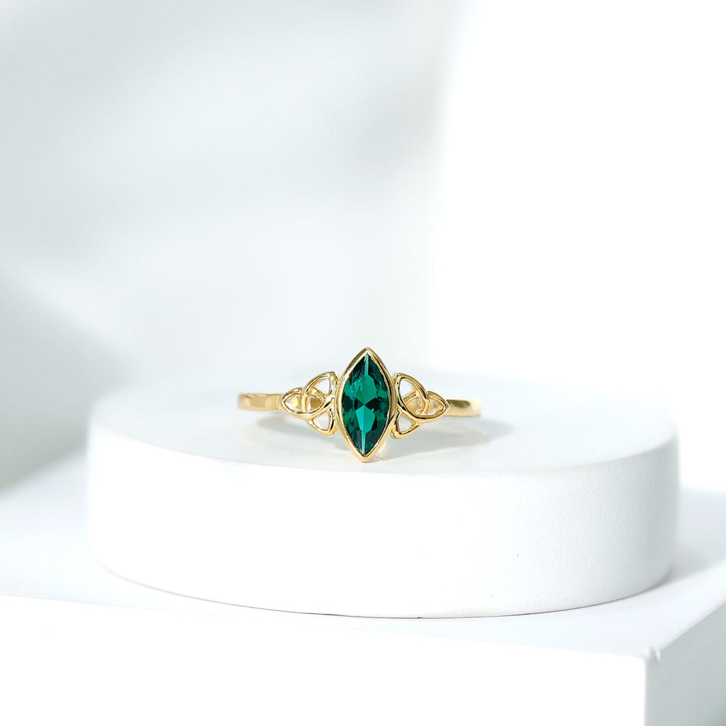 Lab Grown Emerald Ring – Marquise Bezel Setting Celtic Knot Promise Ring