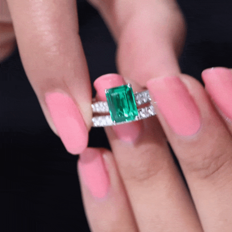 Emerald Engagement Ring Lab Grown Emerald Cut Ring – Wedding Band Set With Moissanite Side Stones
