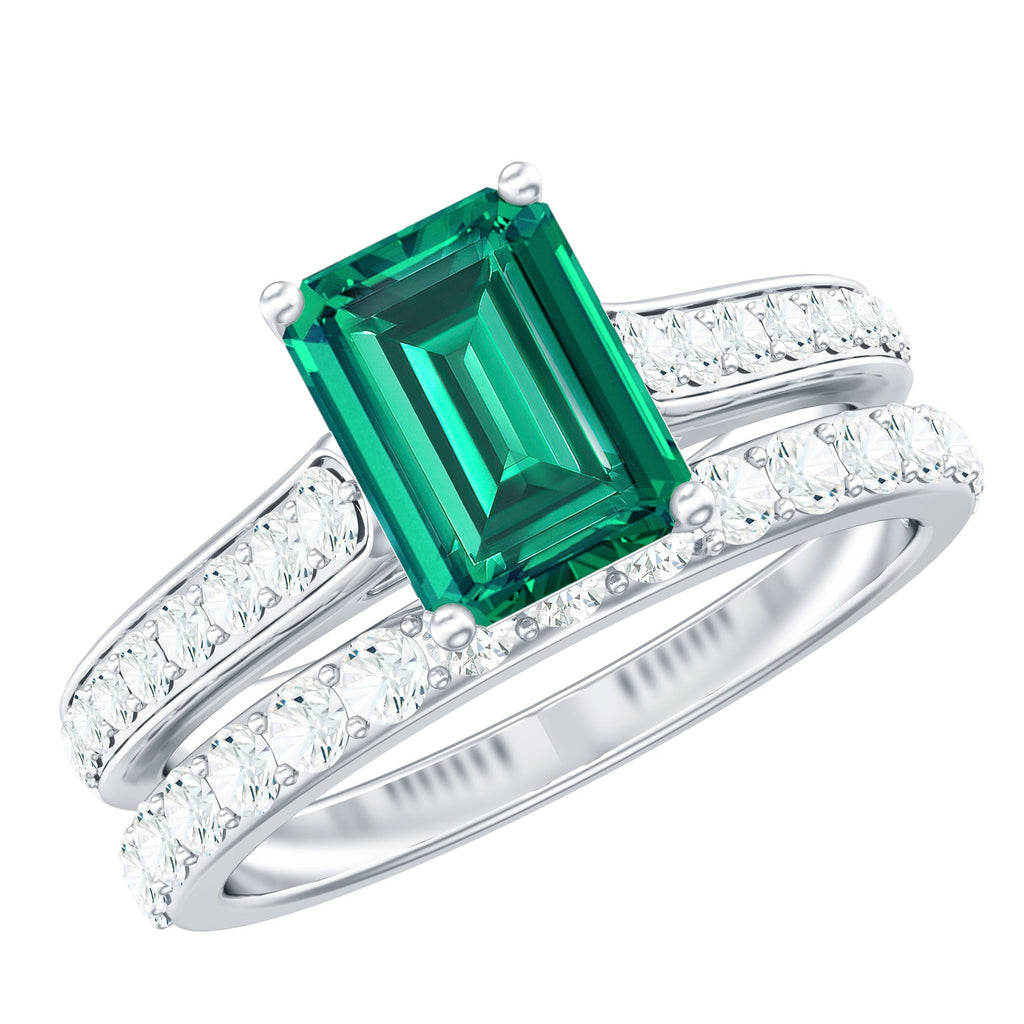 Emerald Engagement Ring Lab Grown Emerald Cut Ring – Wedding Band Set With Moissanite Side Stones