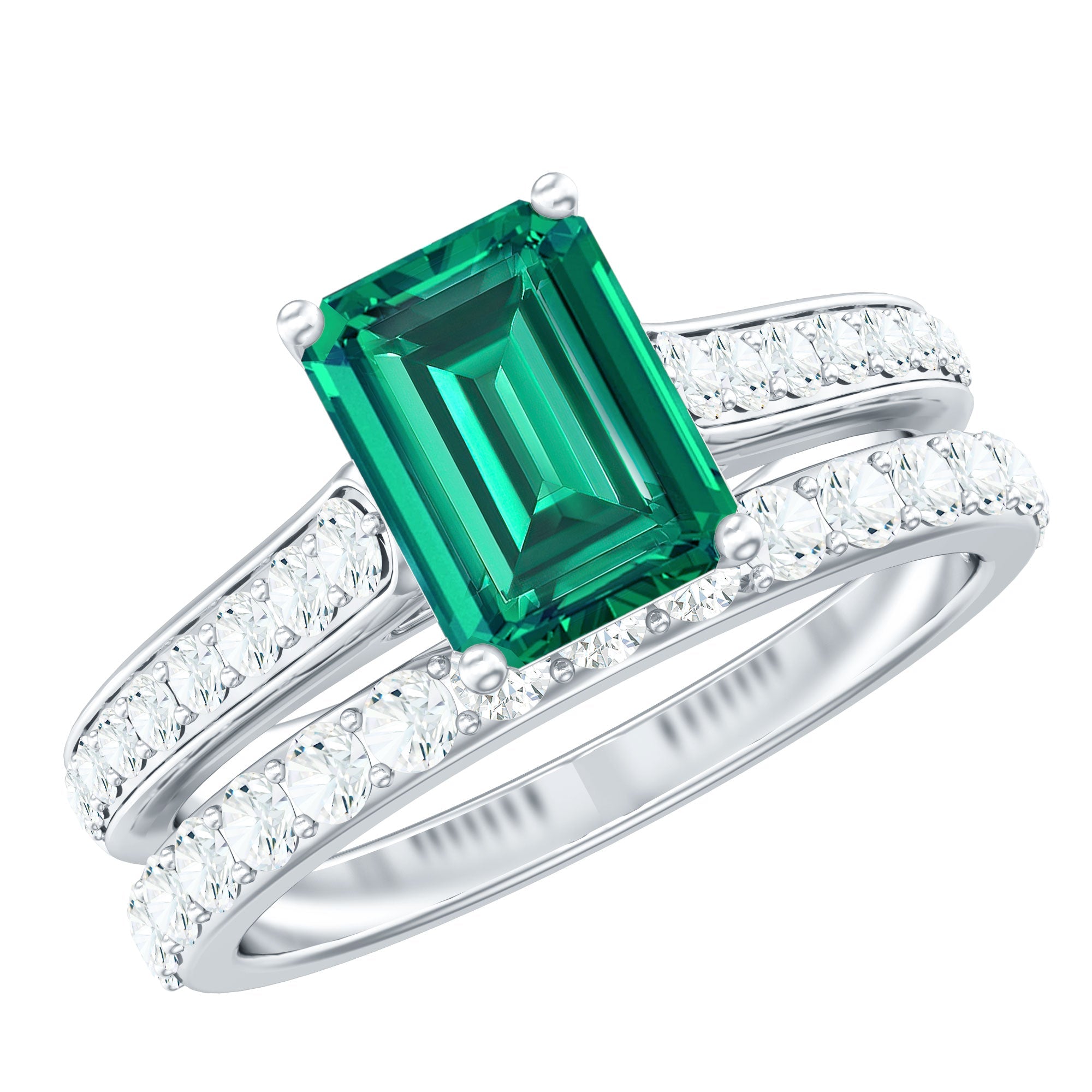 Emerald Engagement Ring Lab Grown Emerald Cut Ring – Wedding Band Set With Moissanite Side Stones
