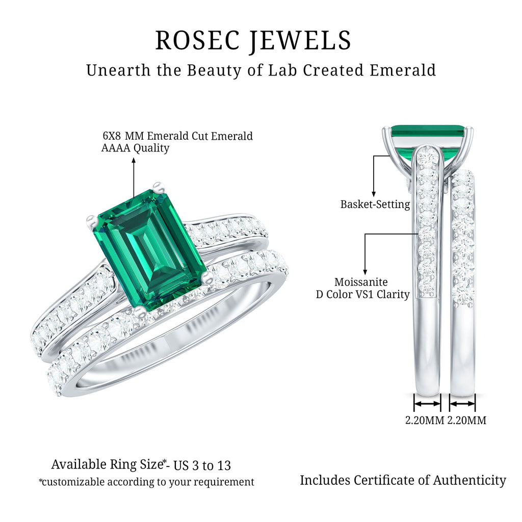 Emerald Engagement Ring Lab Grown Emerald Cut Ring – Wedding Band Set With Moissanite Side Stones