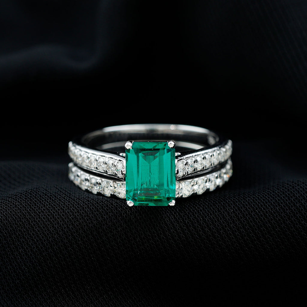 Emerald Engagement Ring Lab Grown Emerald Cut Ring – Wedding Band Set With Moissanite Side Stones