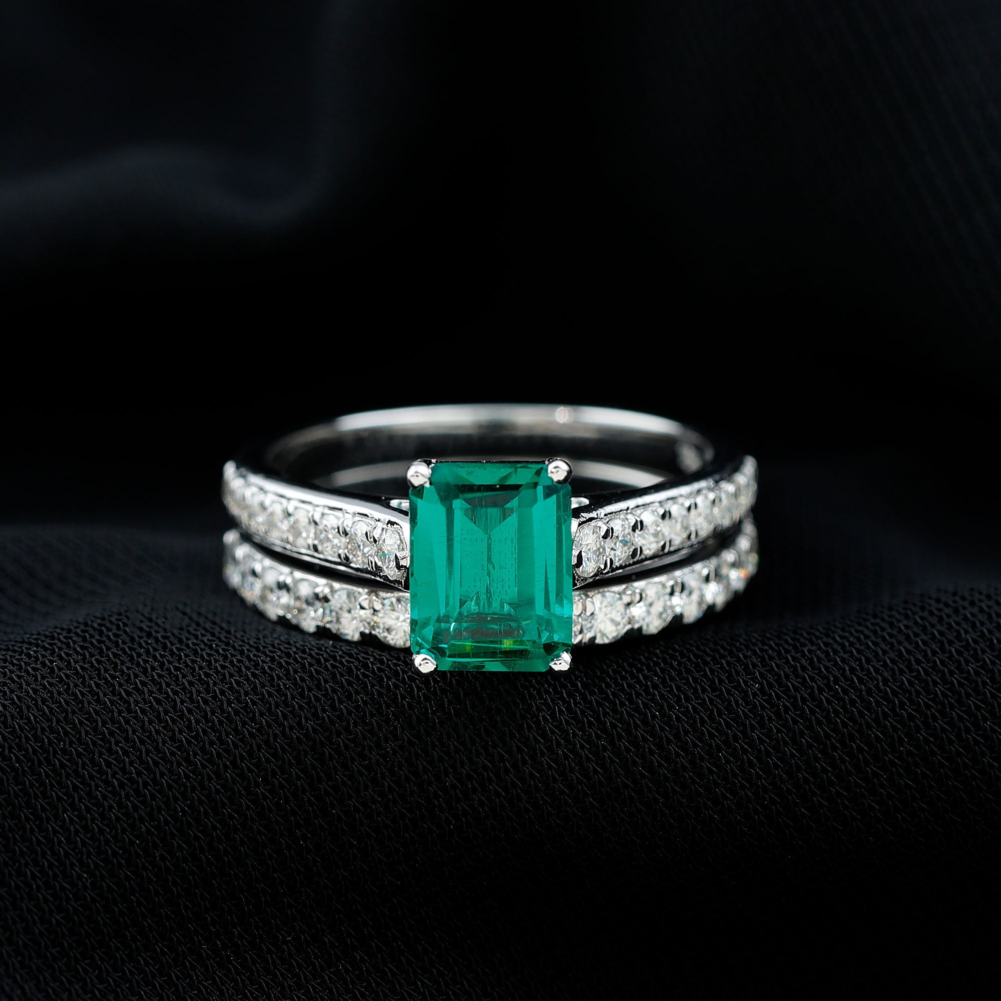 Emerald Engagement Ring Lab Grown Emerald Cut Ring – Wedding Band Set With Moissanite Side Stones