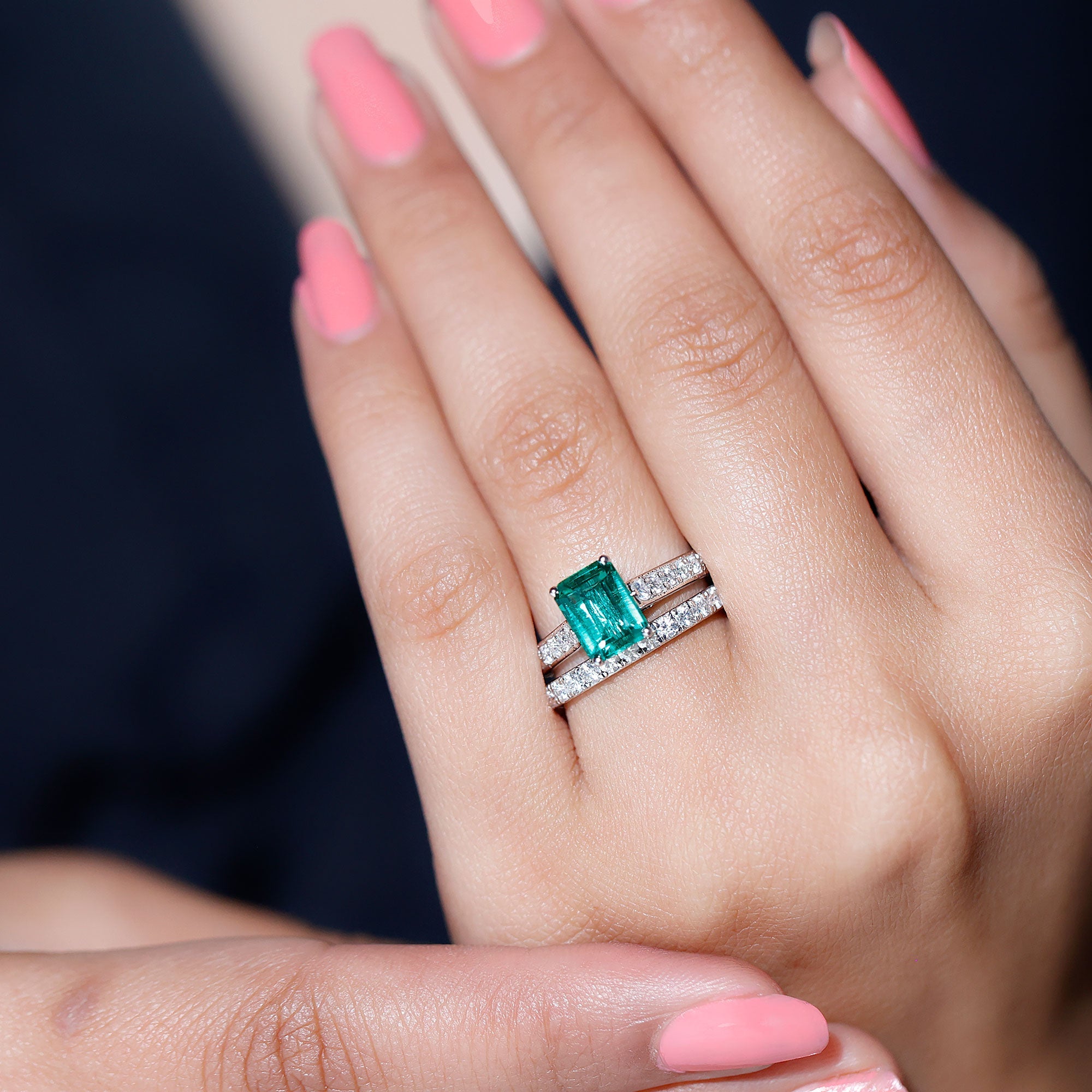 Emerald Engagement Ring Lab Grown Emerald Cut Ring – Wedding Band Set With Moissanite Side Stones