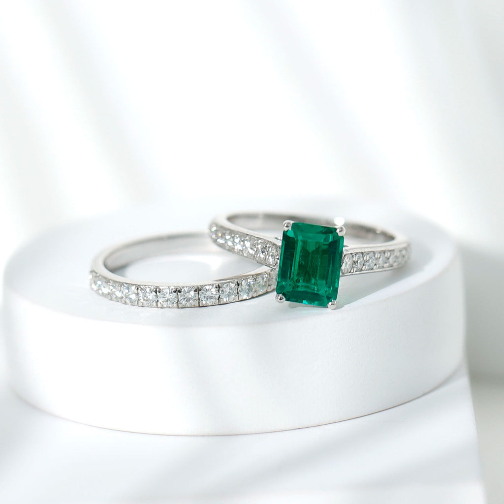Emerald Engagement Ring Lab Grown Emerald Cut Ring – Wedding Band Set With Moissanite Side Stones