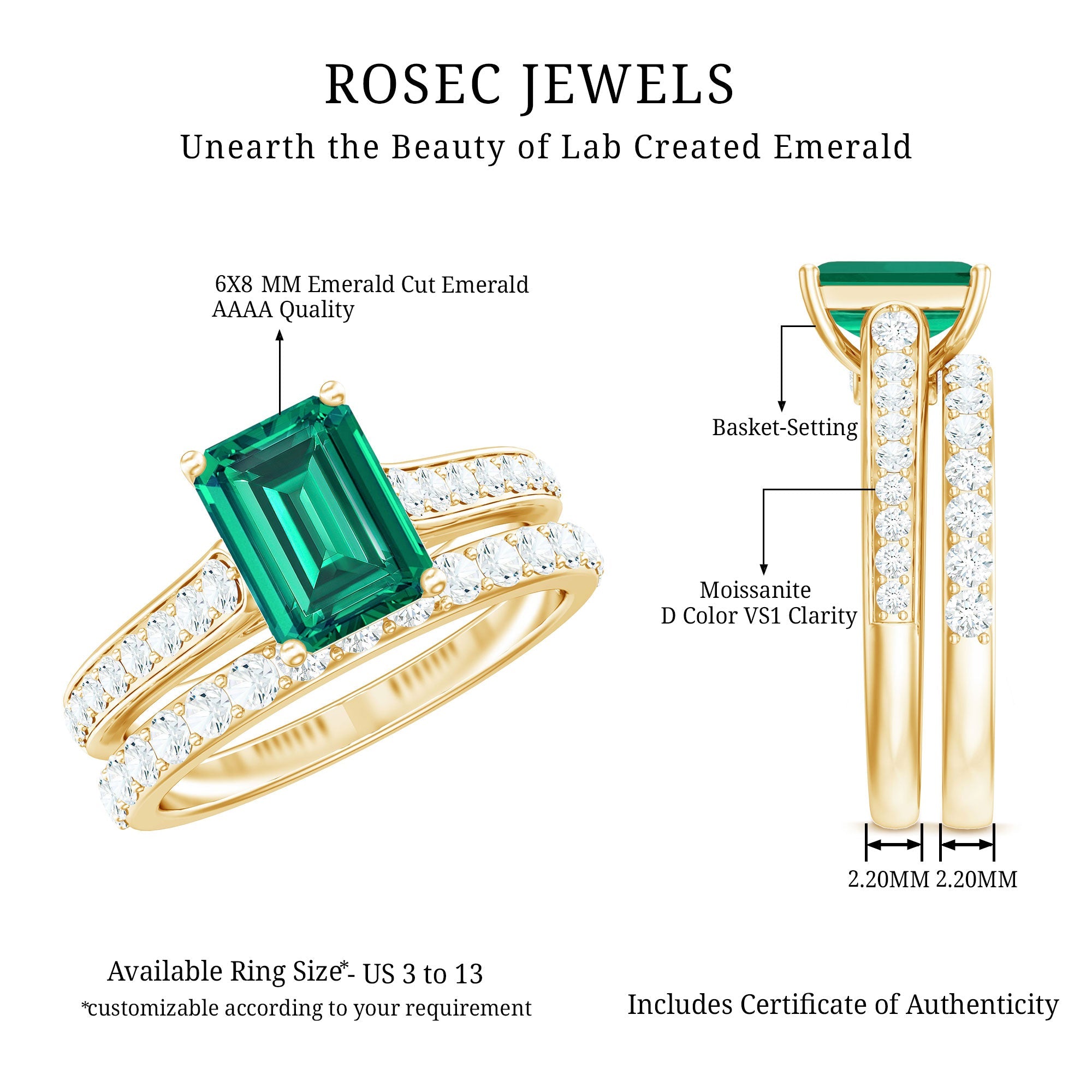 Emerald Engagement Ring Lab Grown Emerald Cut Ring – Wedding Band Set With Moissanite Side Stones