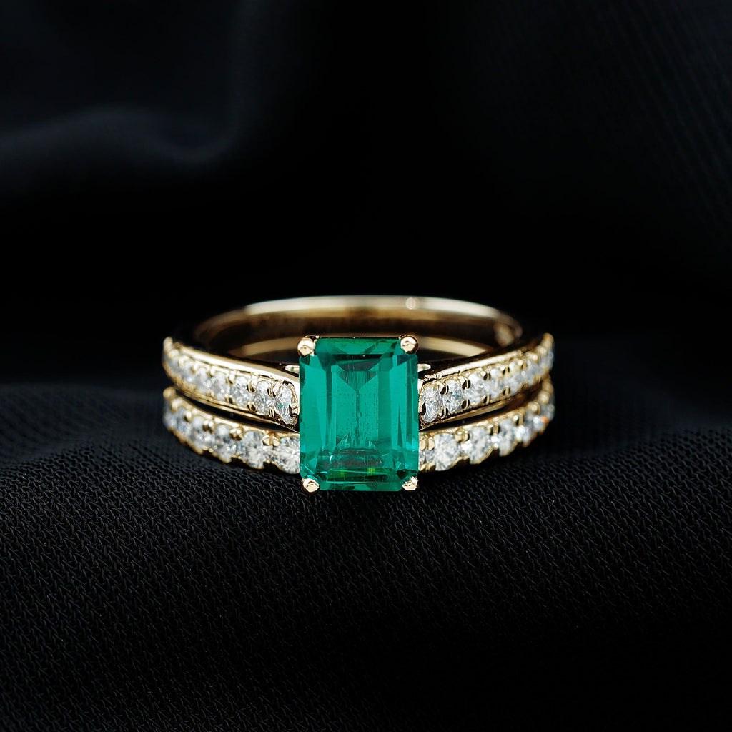 Emerald Engagement Ring Lab Grown Emerald Cut Ring – Wedding Band Set With Moissanite Side Stones