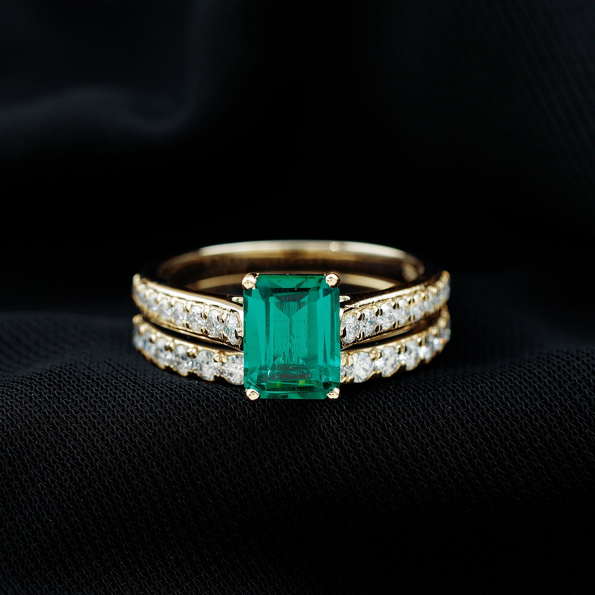 Emerald Engagement Ring Lab Grown Emerald Cut Ring – Wedding Band Set With Moissanite Side Stones