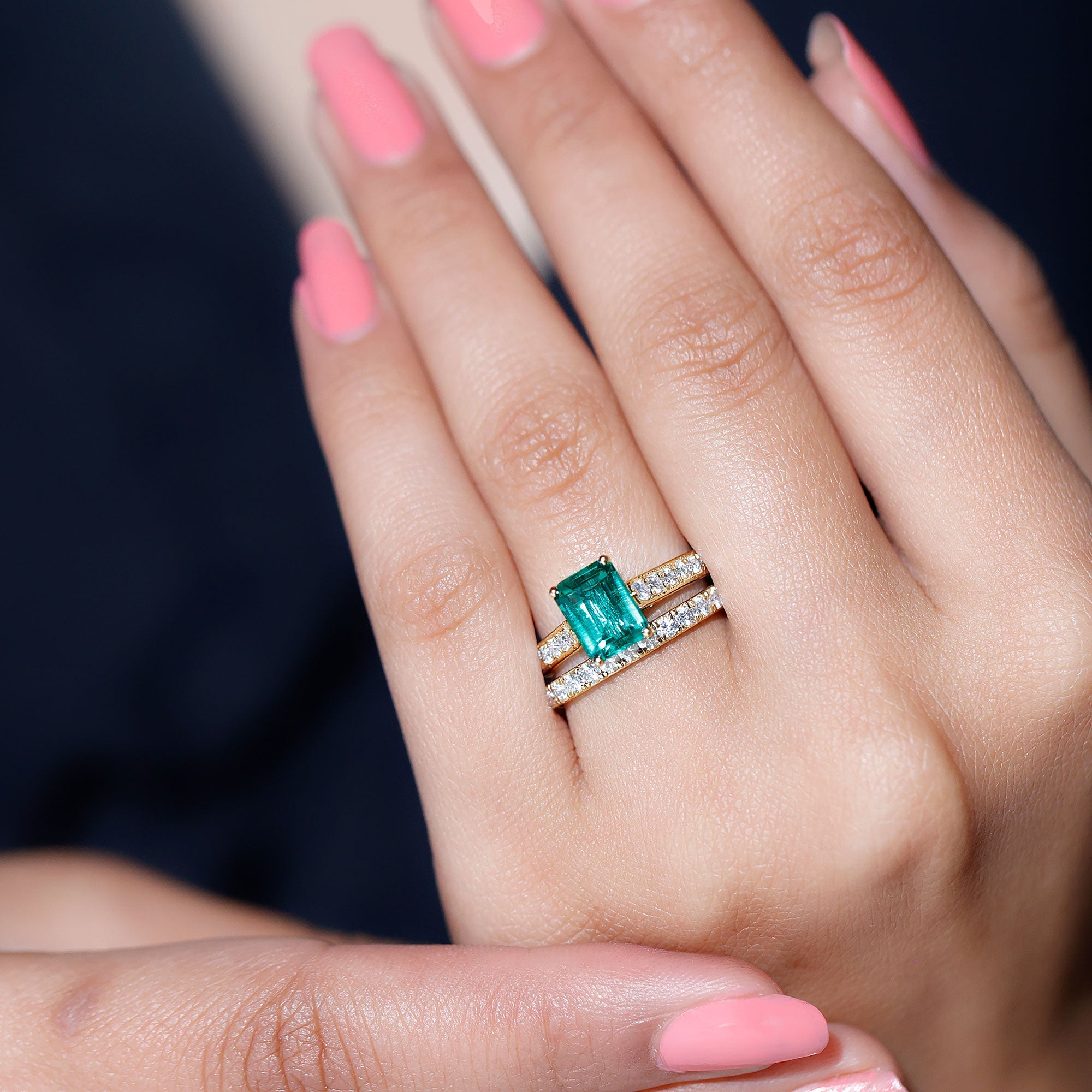 Emerald Engagement Ring Lab Grown Emerald Cut Ring – Wedding Band Set With Moissanite Side Stones