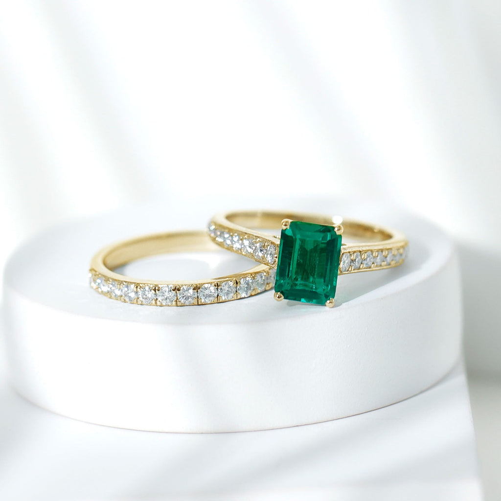 Emerald Engagement Ring Lab Grown Emerald Cut Ring – Wedding Band Set With Moissanite Side Stones