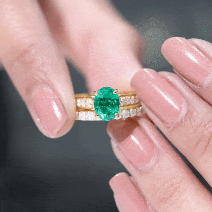 Lab Grown Emerald Ring – 1.2 Carat Oval Engagement Set With Moissanite Wedding Band
