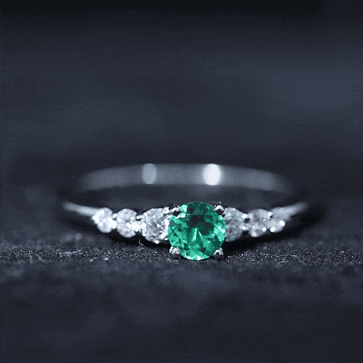 Lab Grown Emerald Ring – 4mm Round Emerald Promise Ring with Diamond Accent