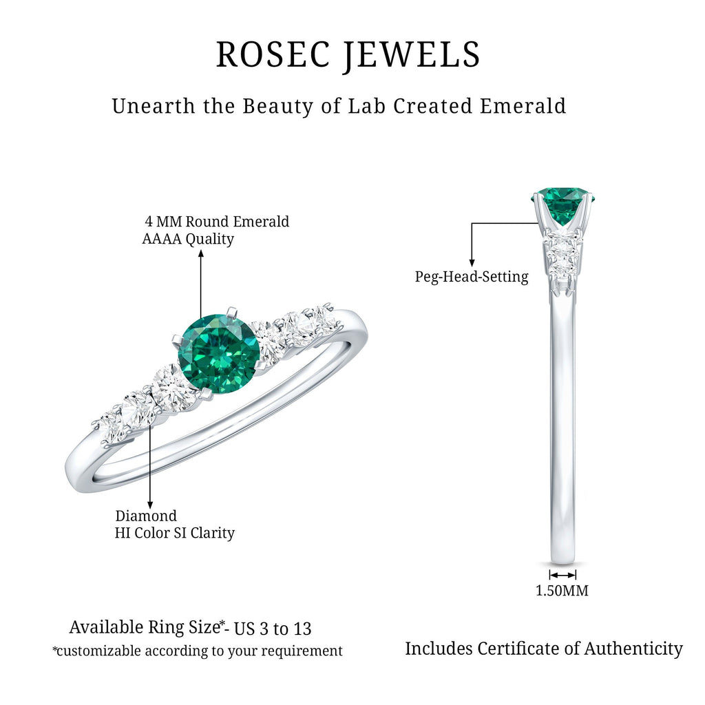 Lab Grown Emerald Ring – 4mm Round Emerald Promise Ring with Diamond Accent