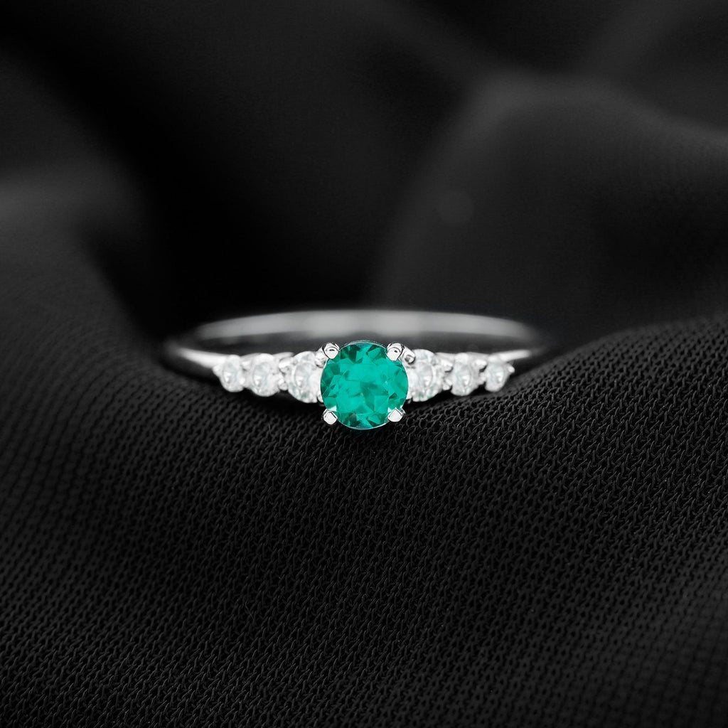 Lab Grown Emerald Ring – 4mm Round Emerald Promise Ring with Diamond Accent