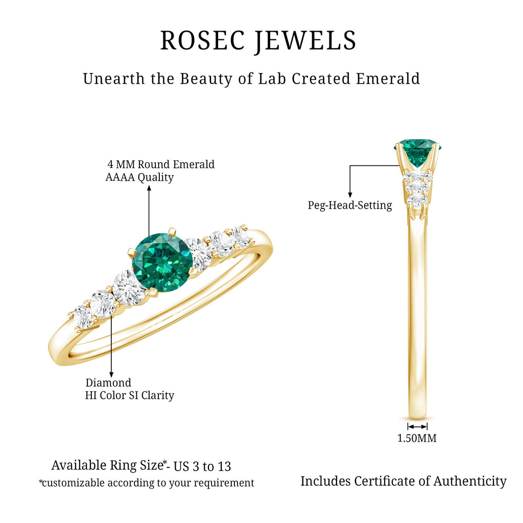 Lab Grown Emerald Ring – 4mm Round Emerald Promise Ring with Diamond Accent
