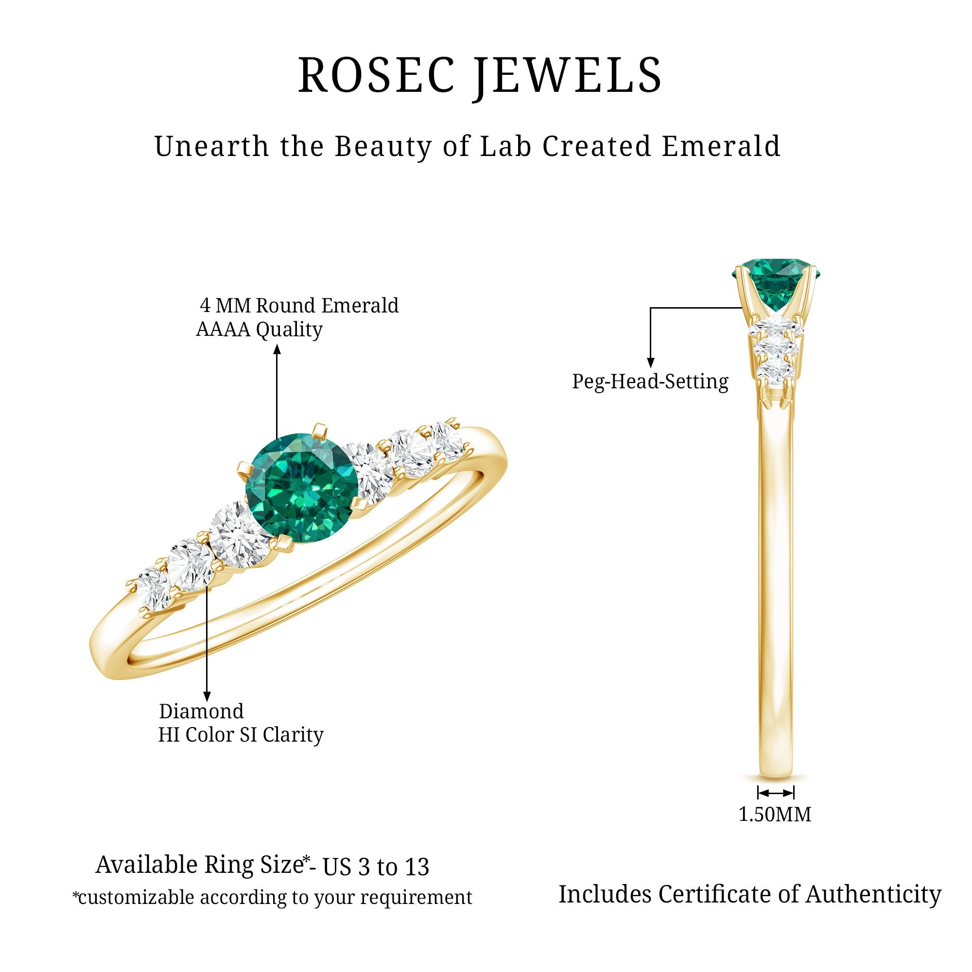 Lab Grown Emerald Ring – 4mm Round Emerald Promise Ring with Diamond Accent