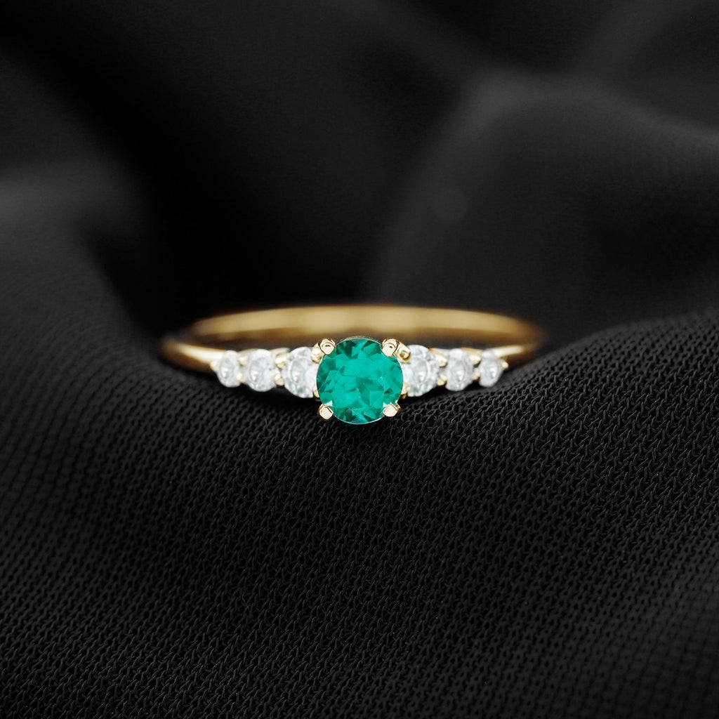 Lab Grown Emerald Ring – 4mm Round Emerald Promise Ring with Diamond Accent