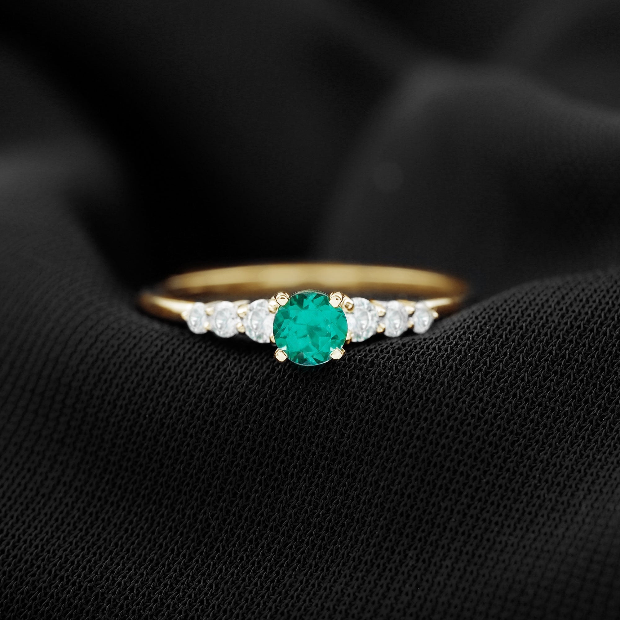 Lab Grown Emerald Ring – 4mm Round Emerald Promise Ring with Diamond Accent
