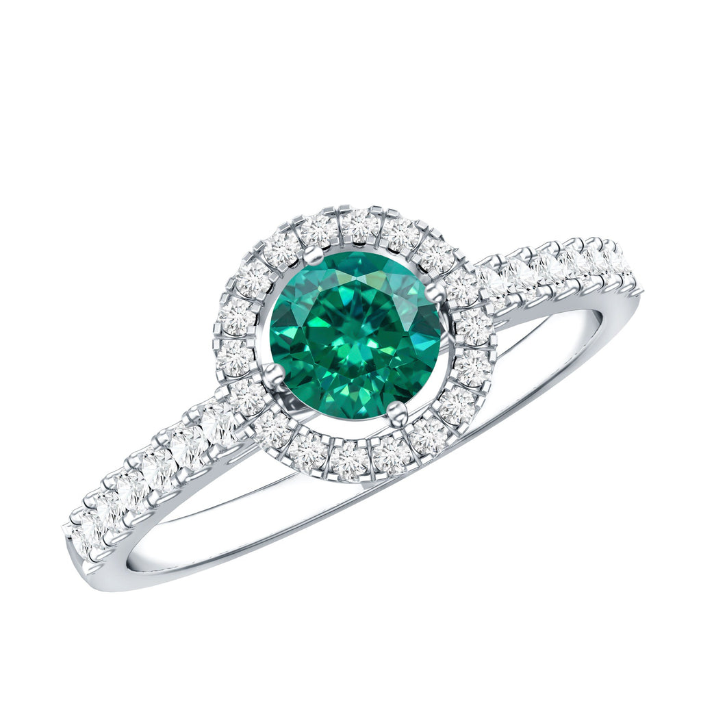 Lab Grown Emerald Ring - Halo Engagement Ring with Diamond Halo Setting in Green