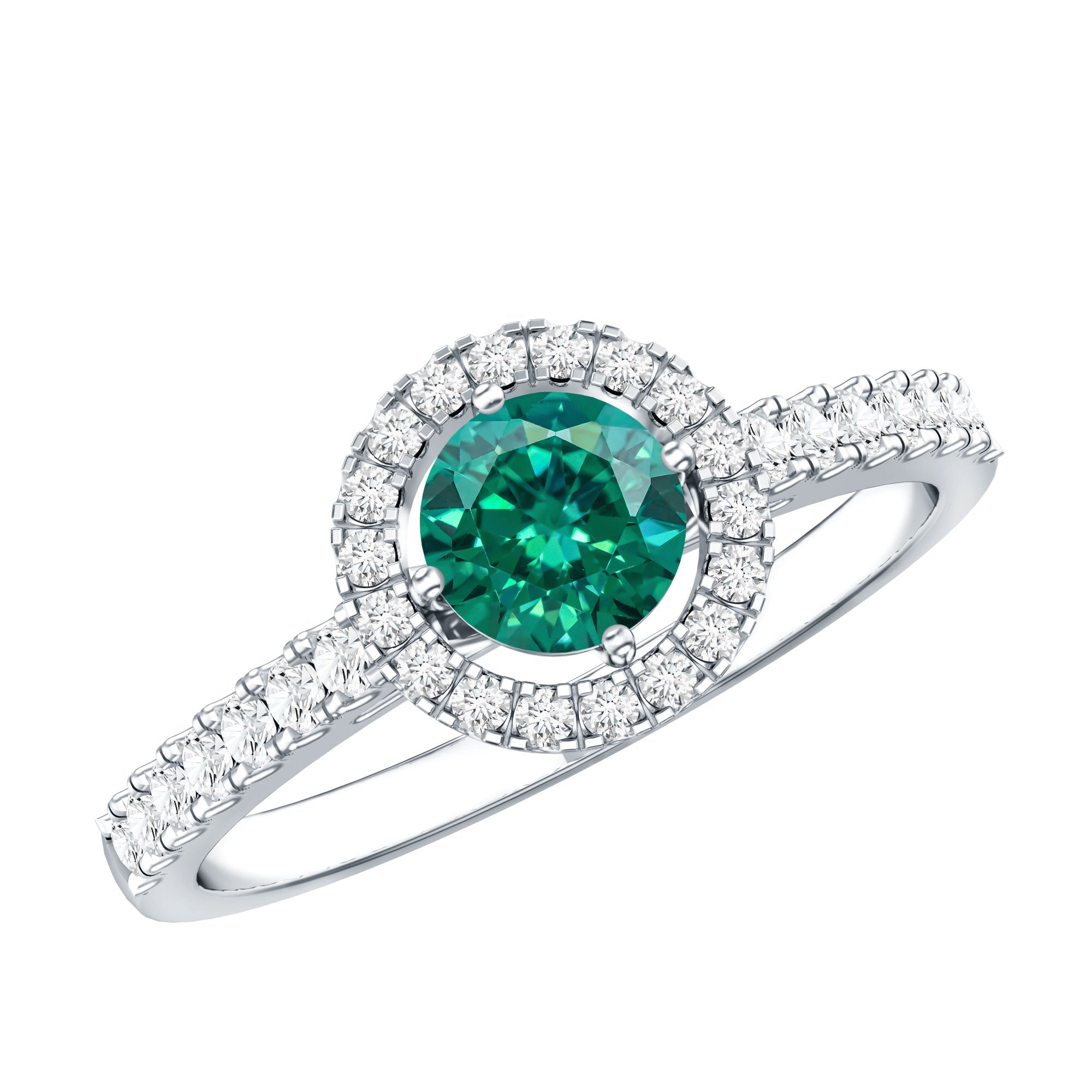 Lab Grown Emerald Ring - Halo Engagement Ring with Diamond Halo Setting in Green