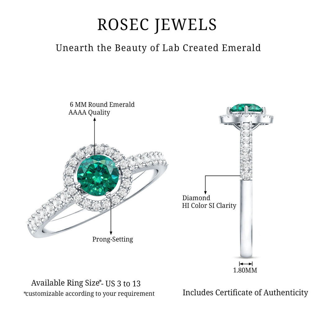 Lab Grown Emerald Ring - Halo Engagement Ring with Diamond Halo Setting in Green