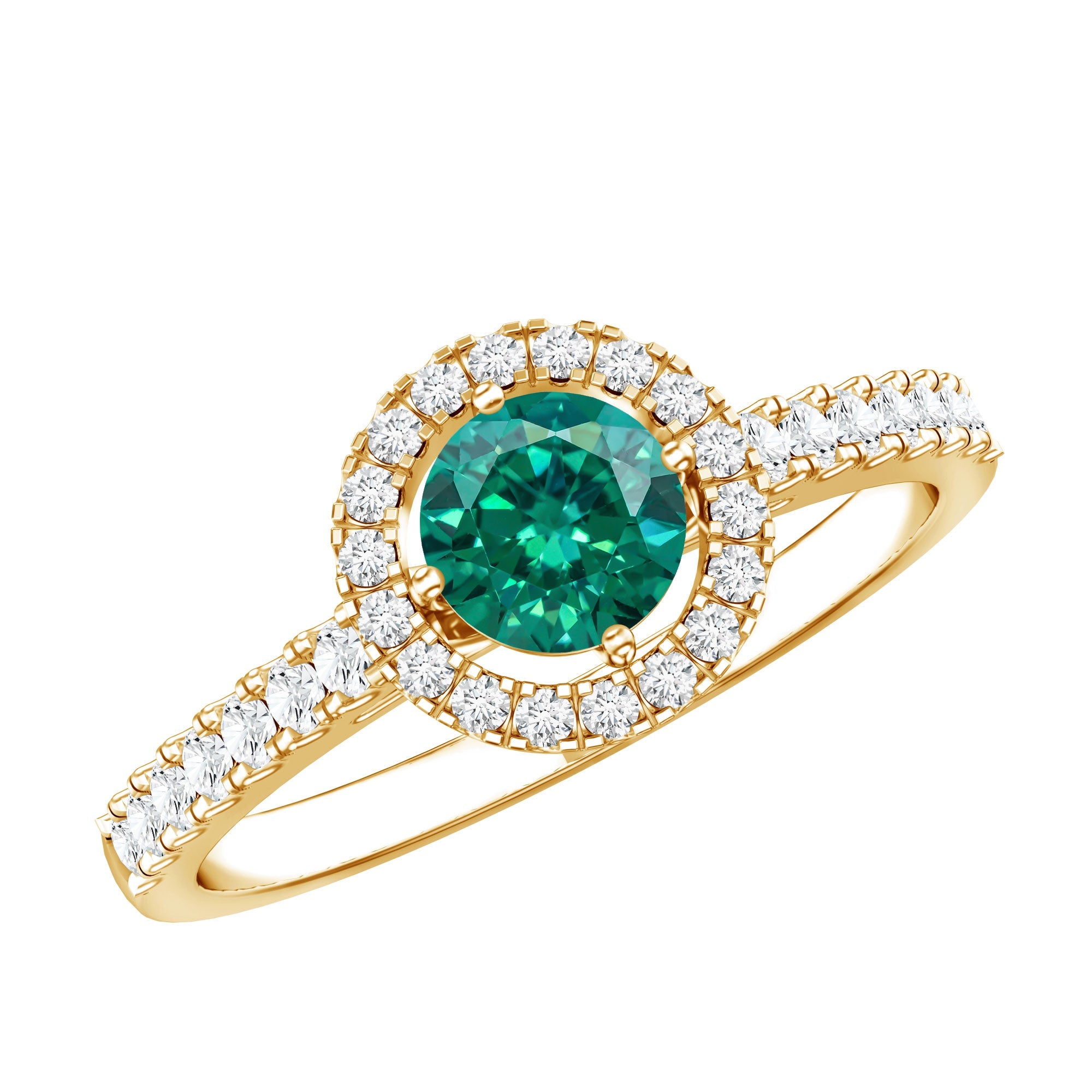 Lab Grown Emerald Ring - Halo Engagement Ring with Diamond Halo Setting in Green