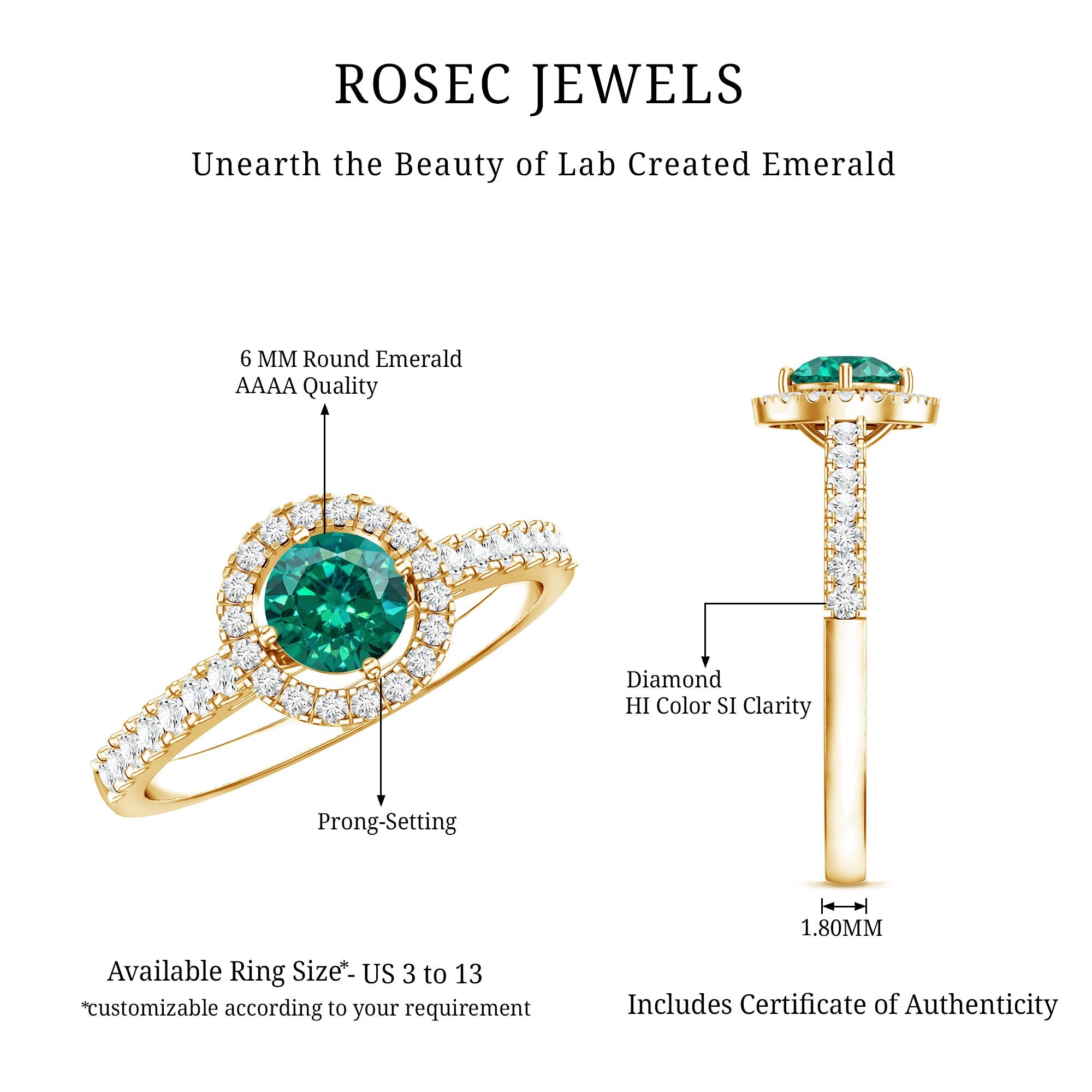 Lab Grown Emerald Ring - Halo Engagement Ring with Diamond Halo Setting in Green