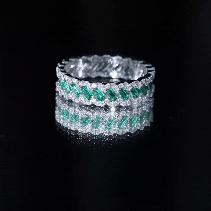 Lab Grown Emerald Wedding Band – Braided Ring Design with Moissanite Stones